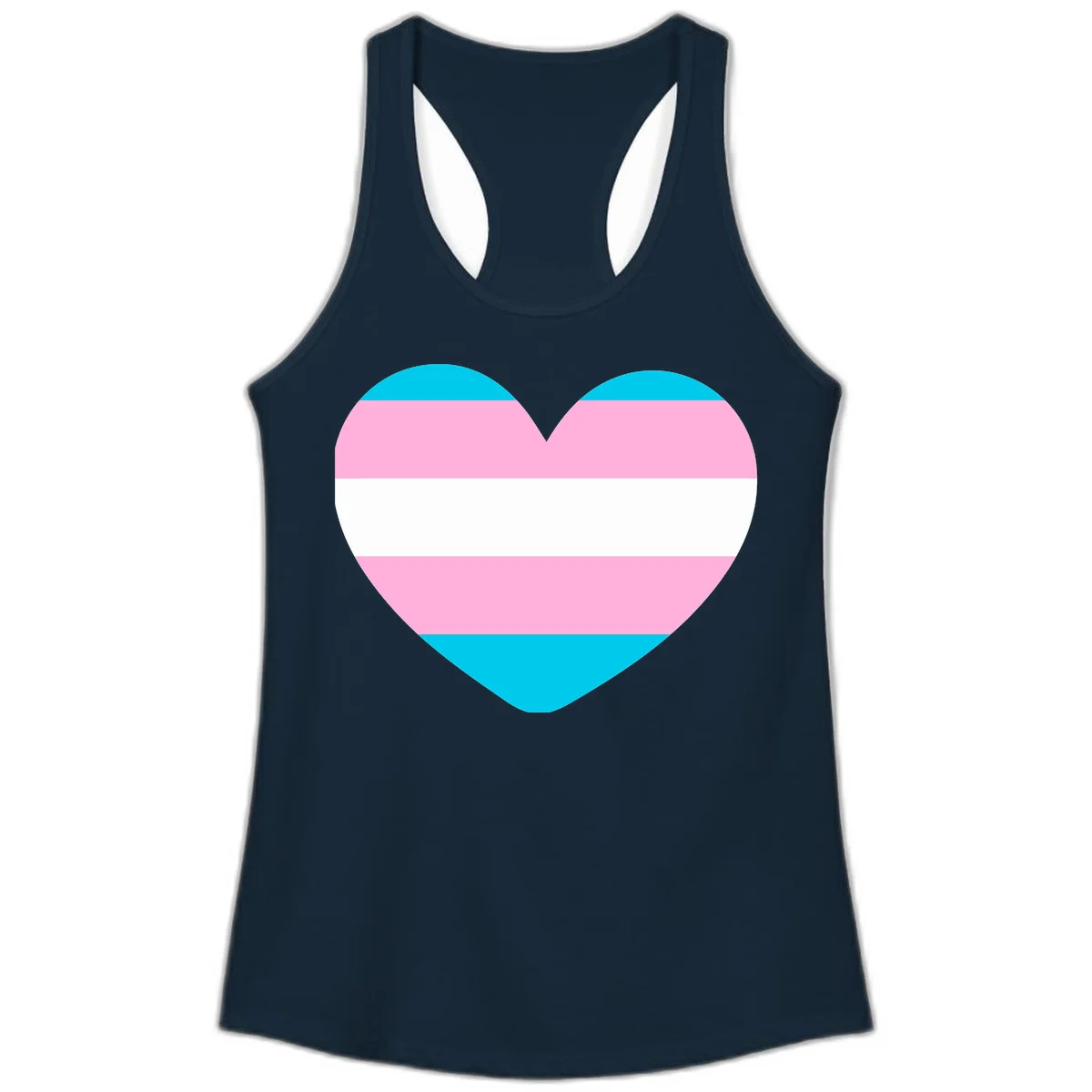 Large heart shape with horizontal stripes in cyan, pink, and white representing the transgender pride flag in Solid Midnight Navy