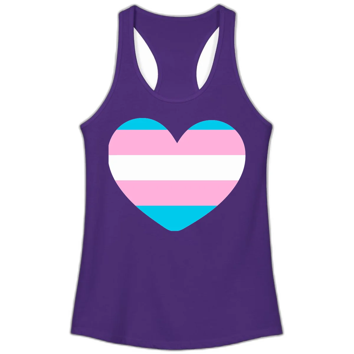 Large heart shape with horizontal stripes in cyan, pink, and white representing the transgender pride flag in Solid Purple Rush
