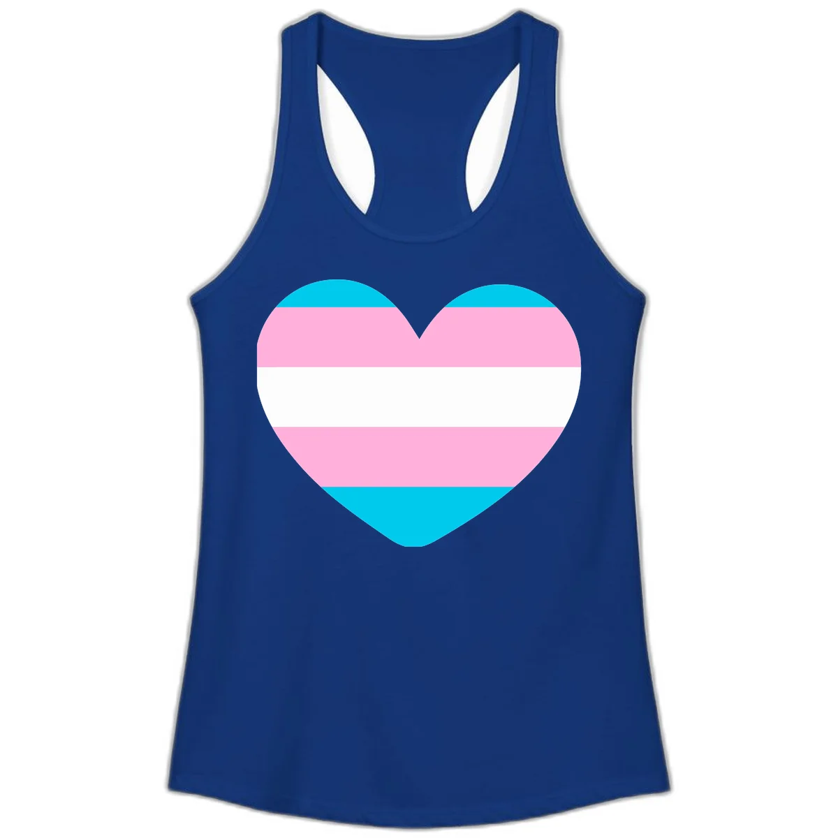 Large heart shape with horizontal stripes in cyan, pink, and white representing the transgender pride flag in Solid Royal