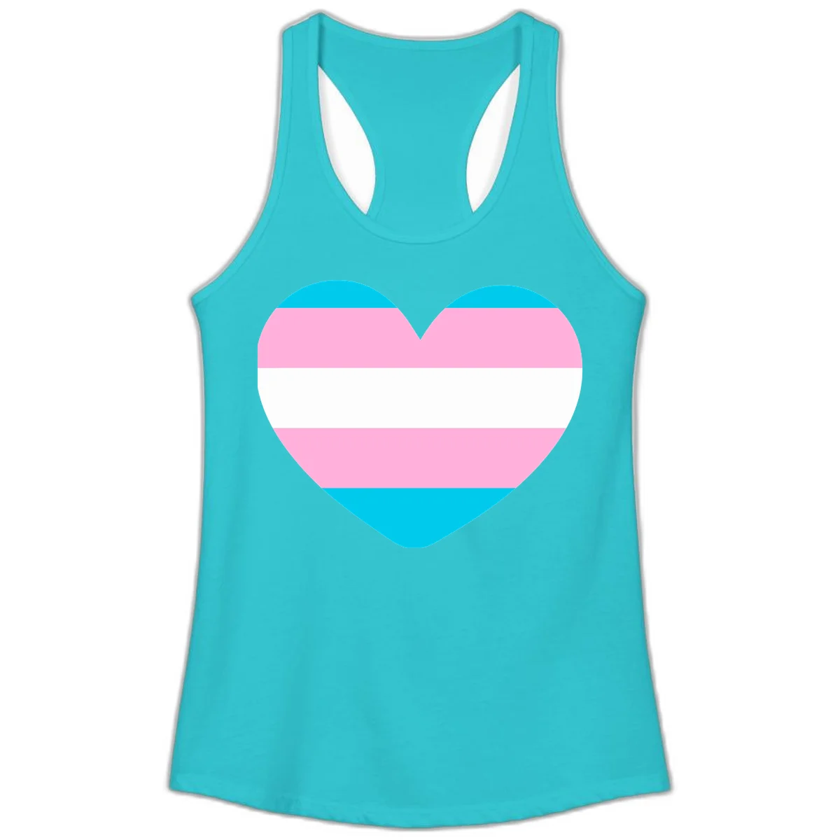 Large heart shape with horizontal stripes in cyan, pink, and white representing the transgender pride flag in Solid Tahiti Blue