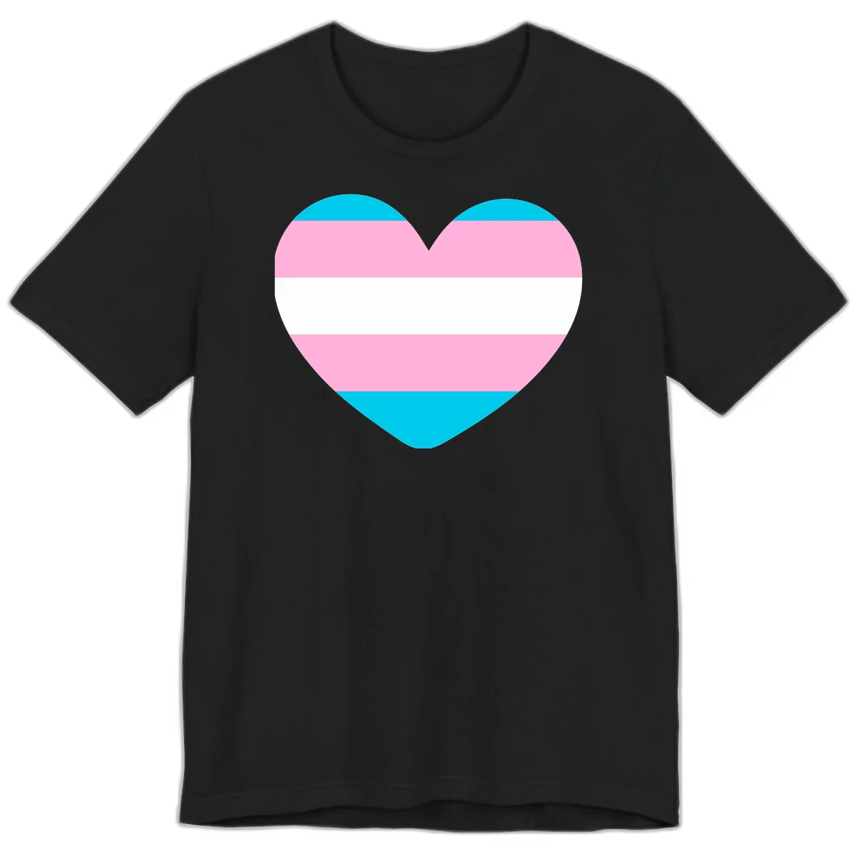 Large heart shape with horizontal stripes in cyan, pink, and white representing the transgender pride flag in Black