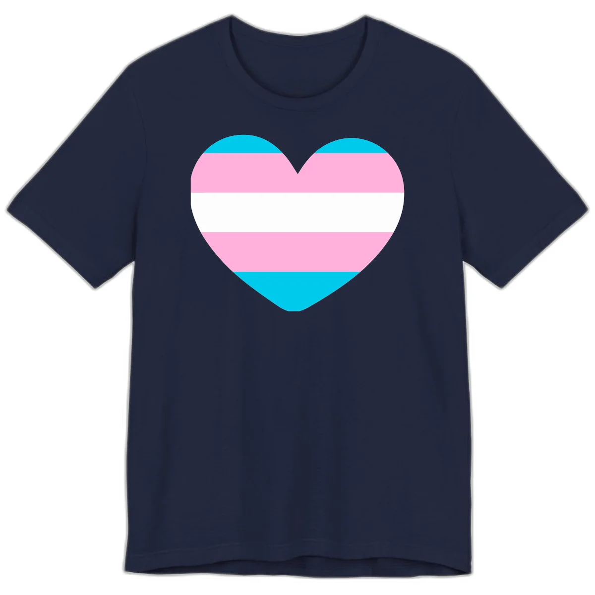 Large heart shape with horizontal stripes in cyan, pink, and white representing the transgender pride flag in Navy