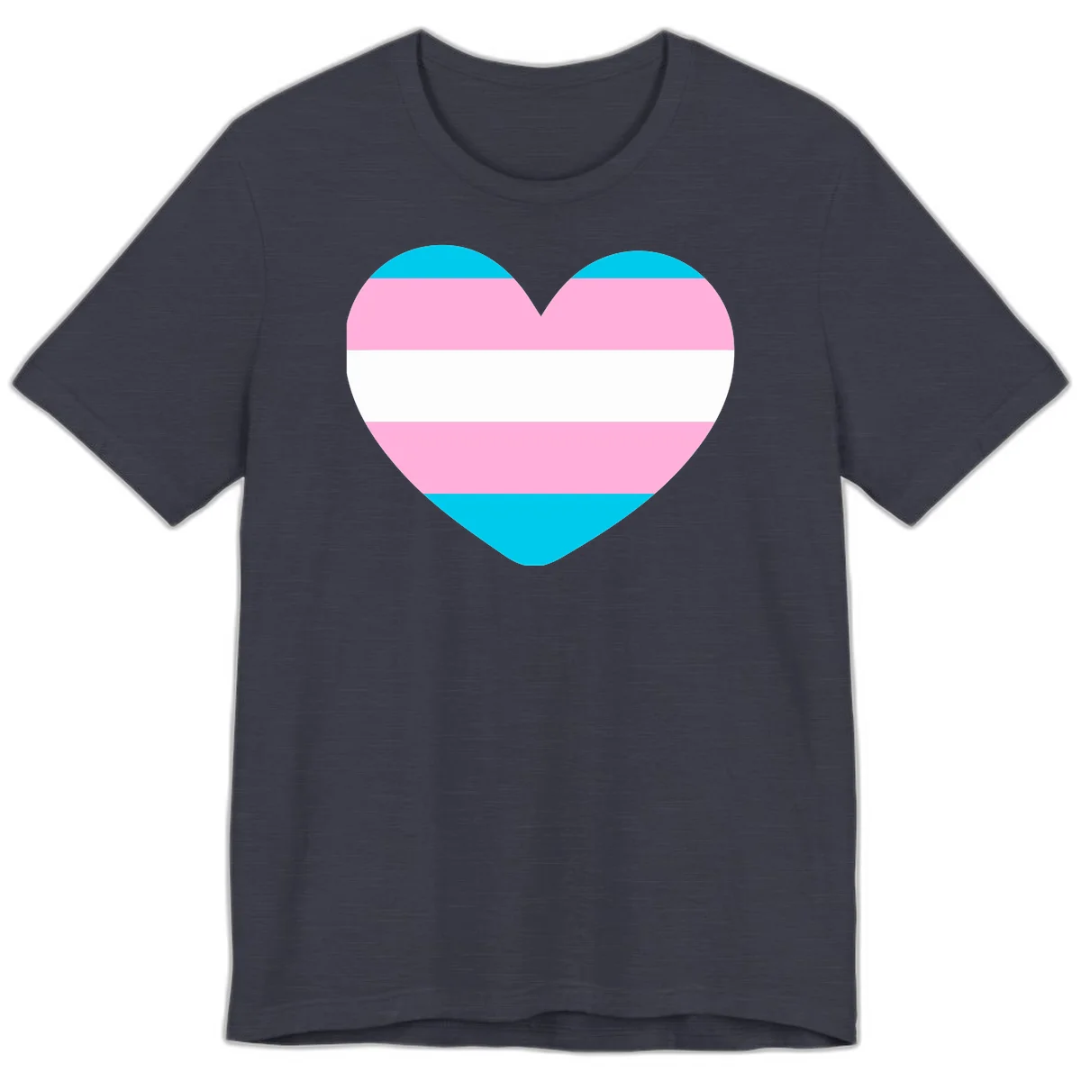 Large heart shape with horizontal stripes in cyan, pink, and white representing the transgender pride flag in Heather Midnight Navy