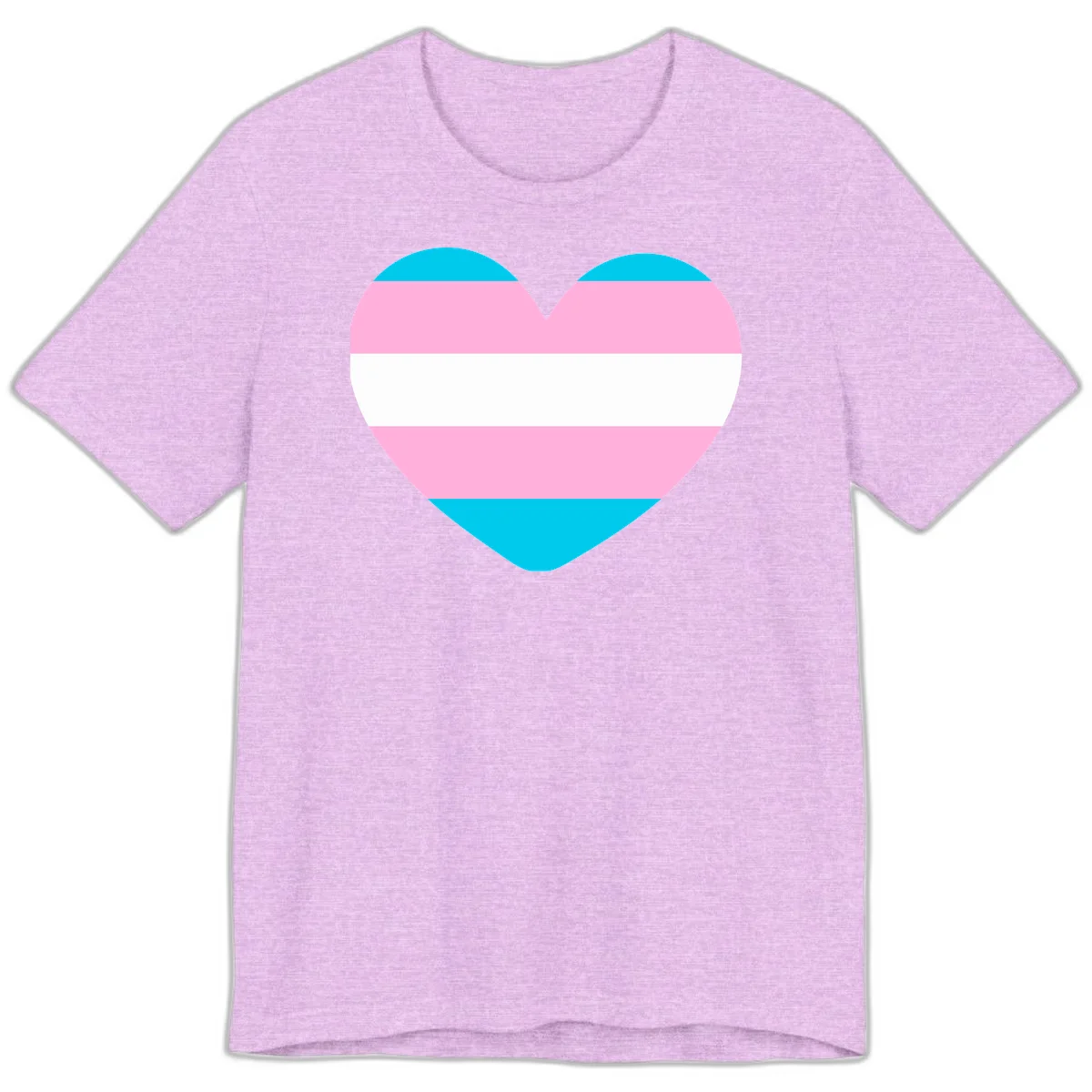 Large heart shape with horizontal stripes in cyan, pink, and white representing the transgender pride flag in Heather Prism Lilac