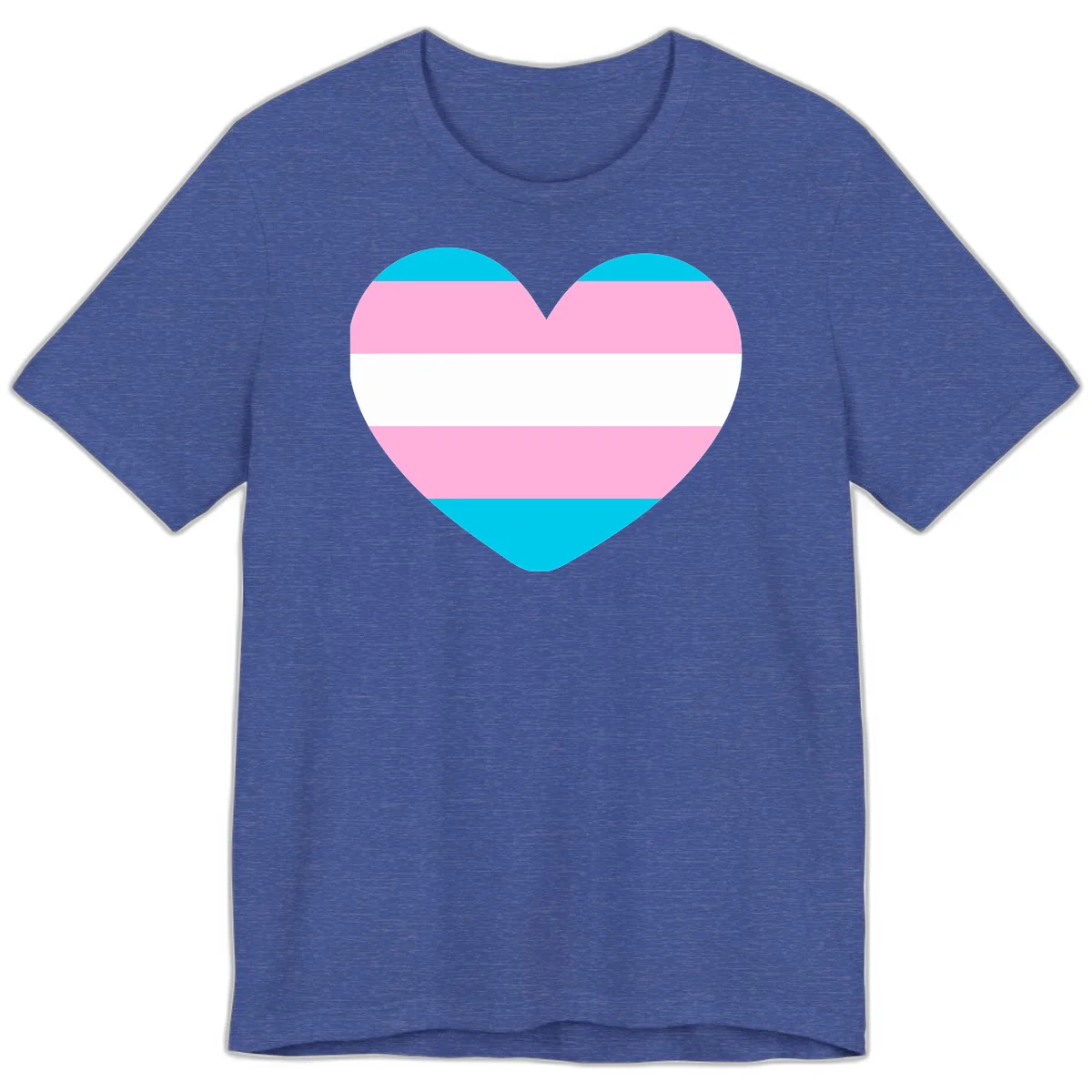 Large heart shape with horizontal stripes in cyan, pink, and white representing the transgender pride flag in Heather True Royal