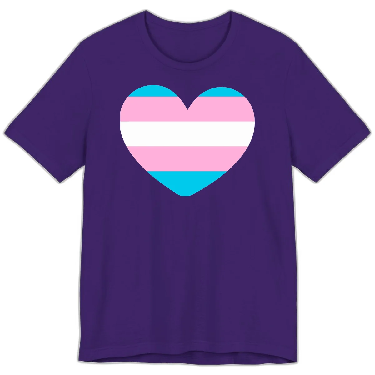 Large heart shape with horizontal stripes in cyan, pink, and white representing the transgender pride flag in Team Purple