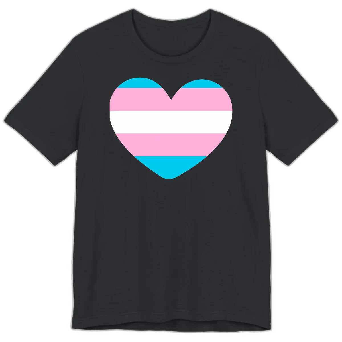 Large heart shape with horizontal stripes in cyan, pink, and white representing the transgender pride flag in Vintage Black