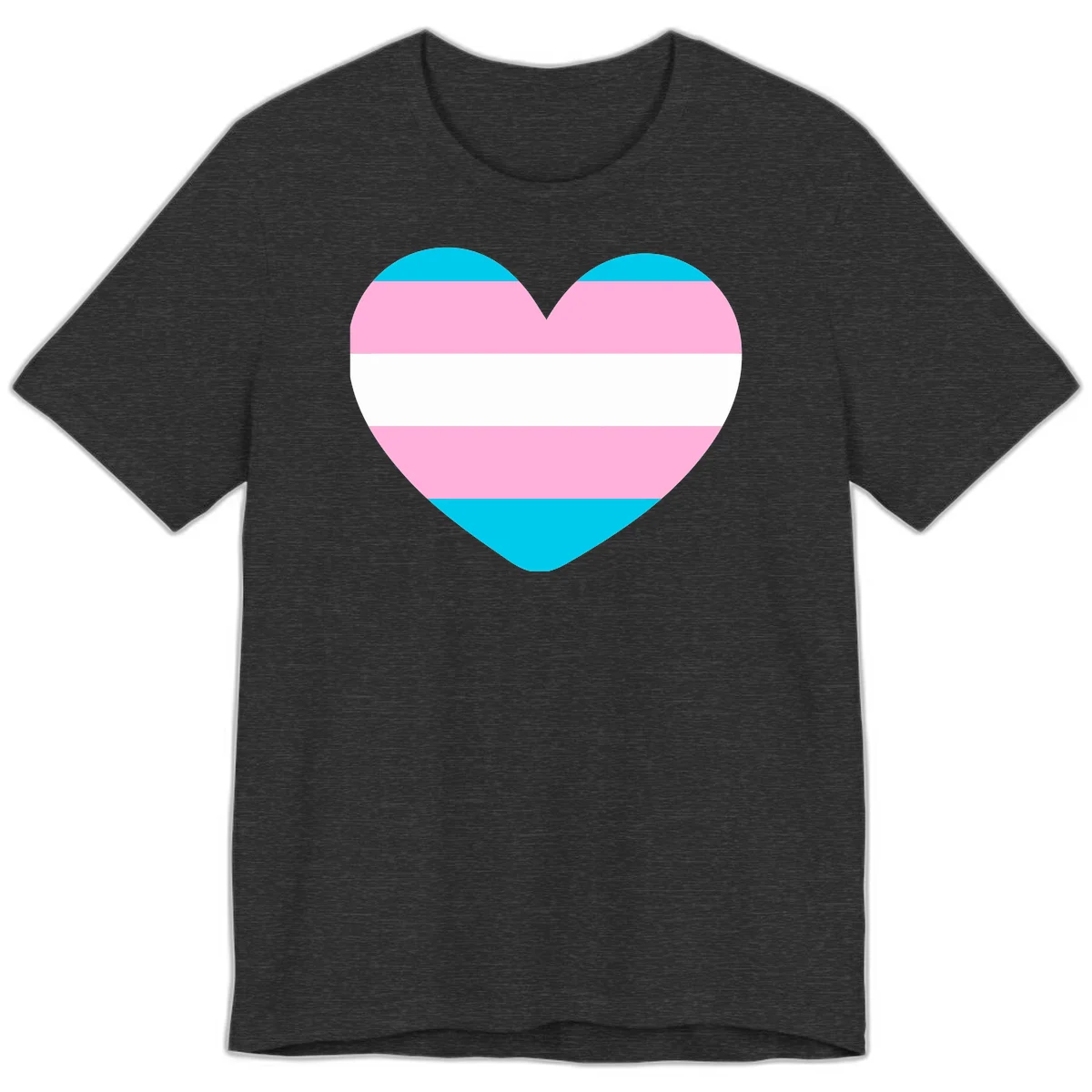 Large heart shape with horizontal stripes in cyan, pink, and white representing the transgender pride flag in Dark Grey Heather