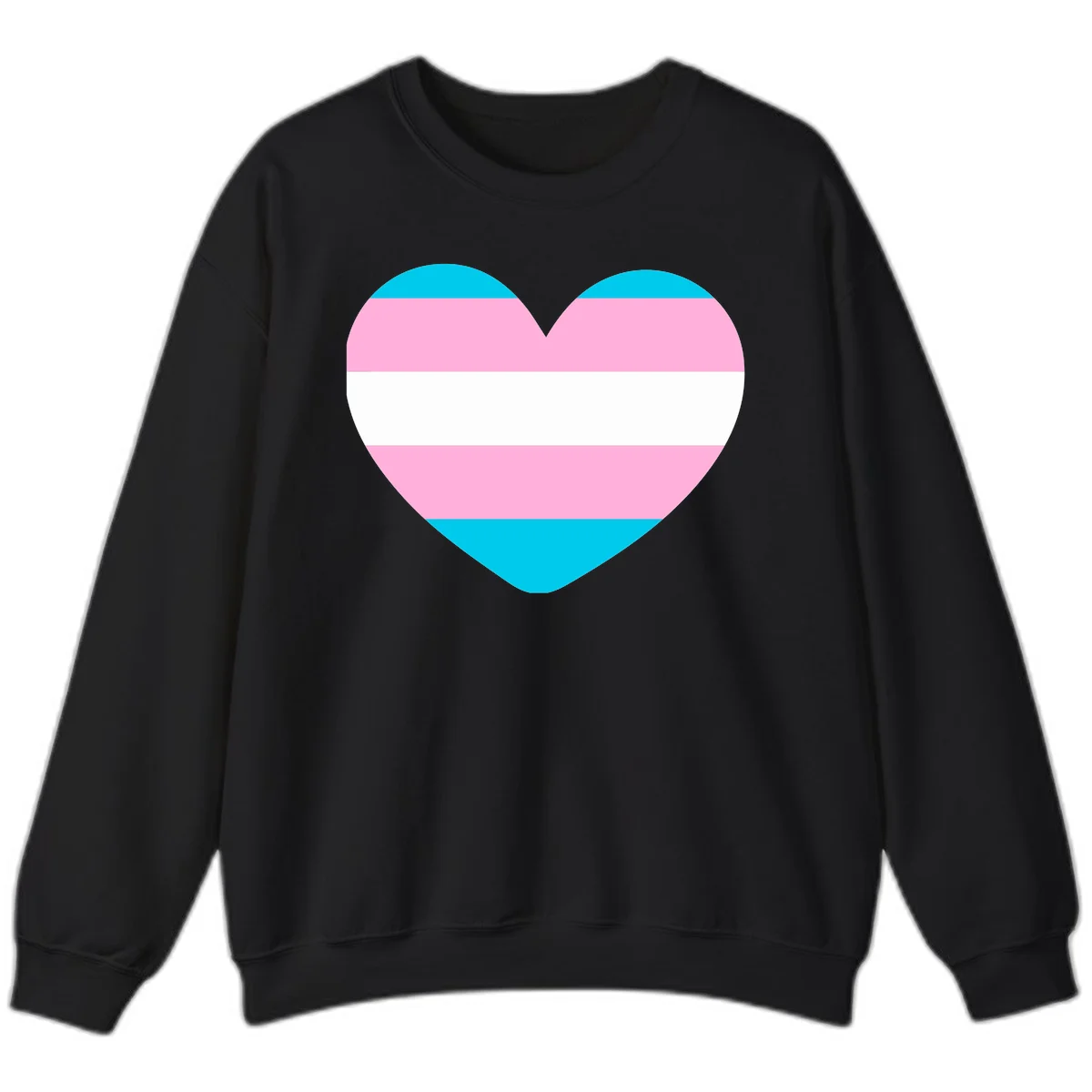 Large heart shape with horizontal stripes in cyan, pink, and white representing the transgender pride flag in Black