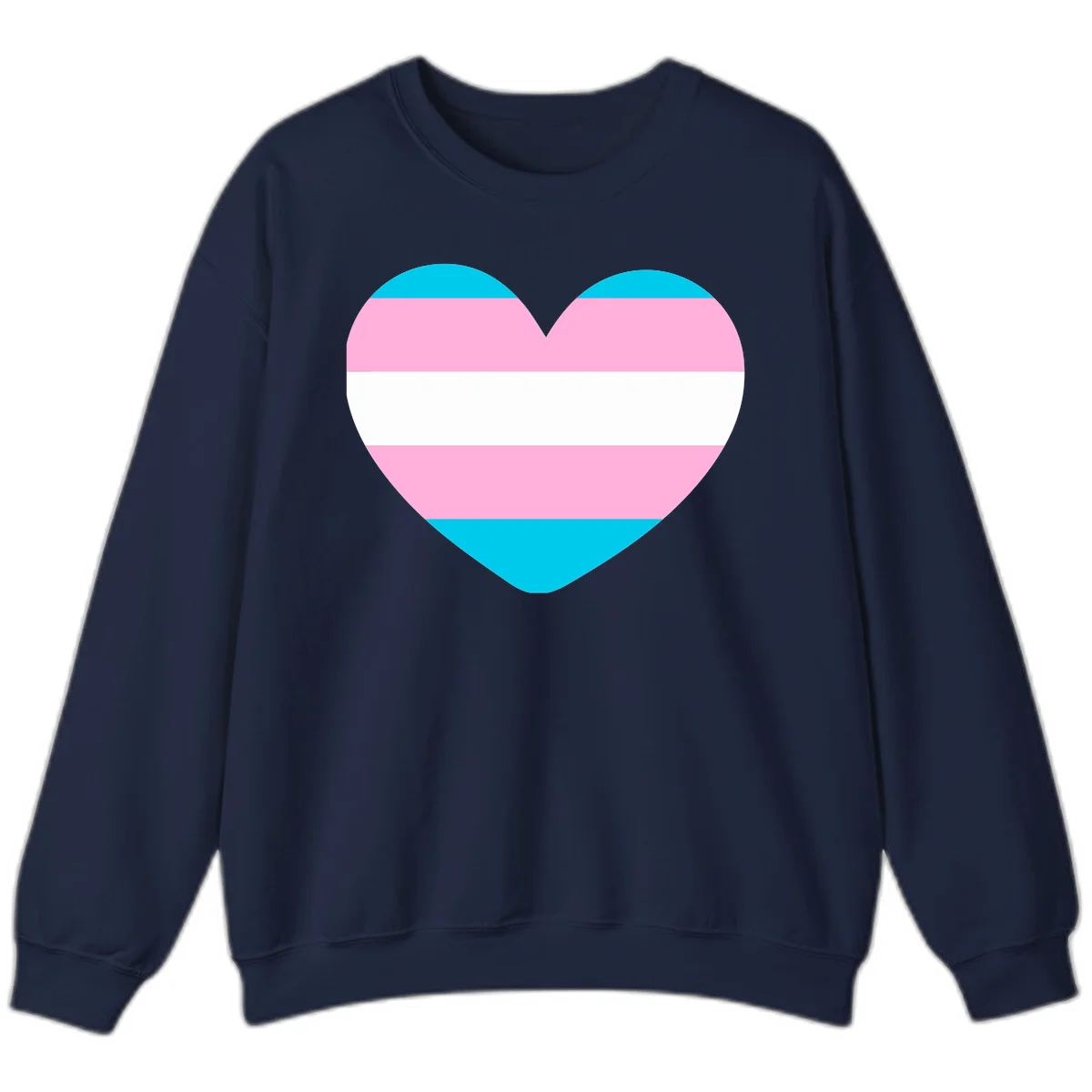 Large heart shape with horizontal stripes in cyan, pink, and white representing the transgender pride flag in Navy
