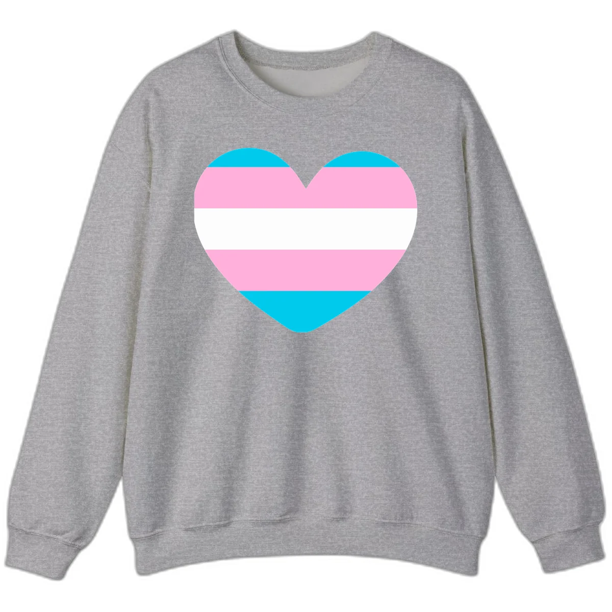 Large heart shape with horizontal stripes in cyan, pink, and white representing the transgender pride flag in Sport Grey