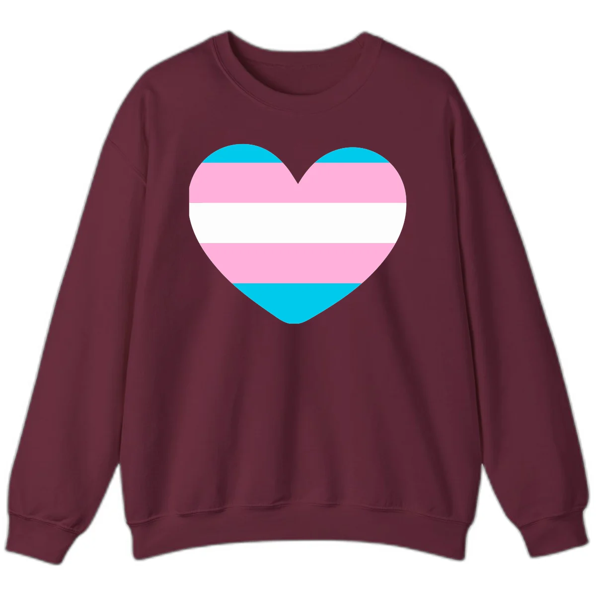 Large heart shape with horizontal stripes in cyan, pink, and white representing the transgender pride flag in Maroon