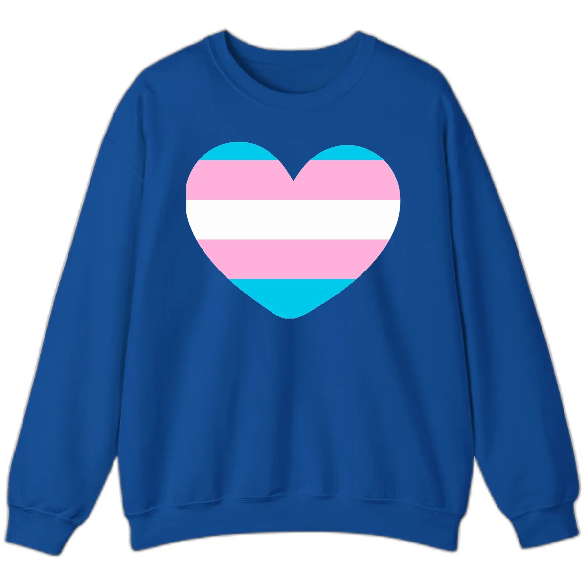 Large heart shape with horizontal stripes in cyan, pink, and white representing the transgender pride flag in Royal