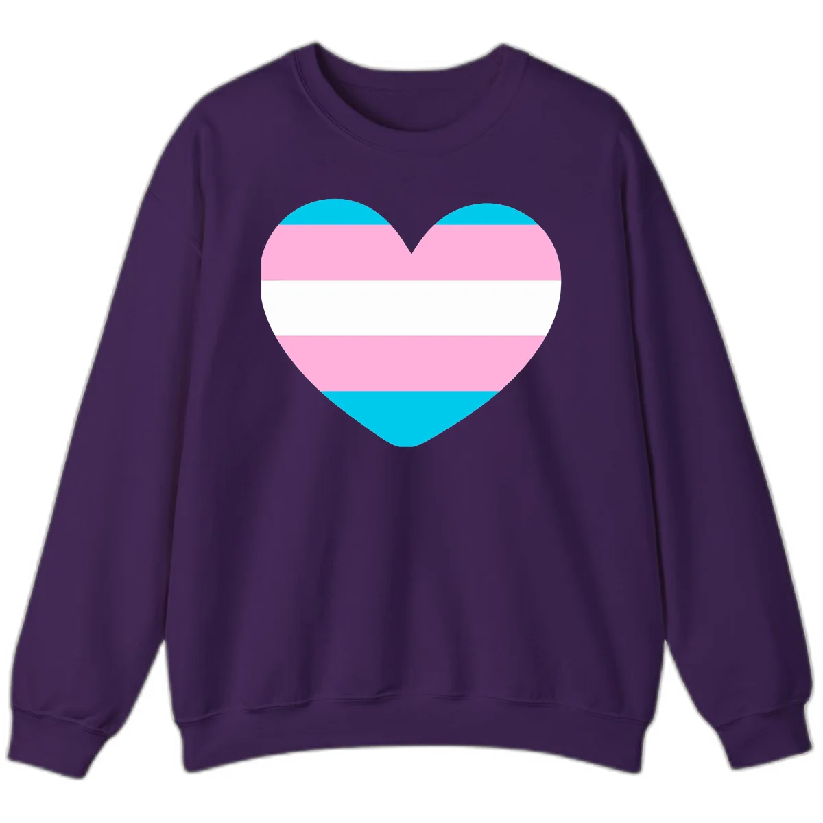 Large heart shape with horizontal stripes in cyan, pink, and white representing the transgender pride flag in Purple