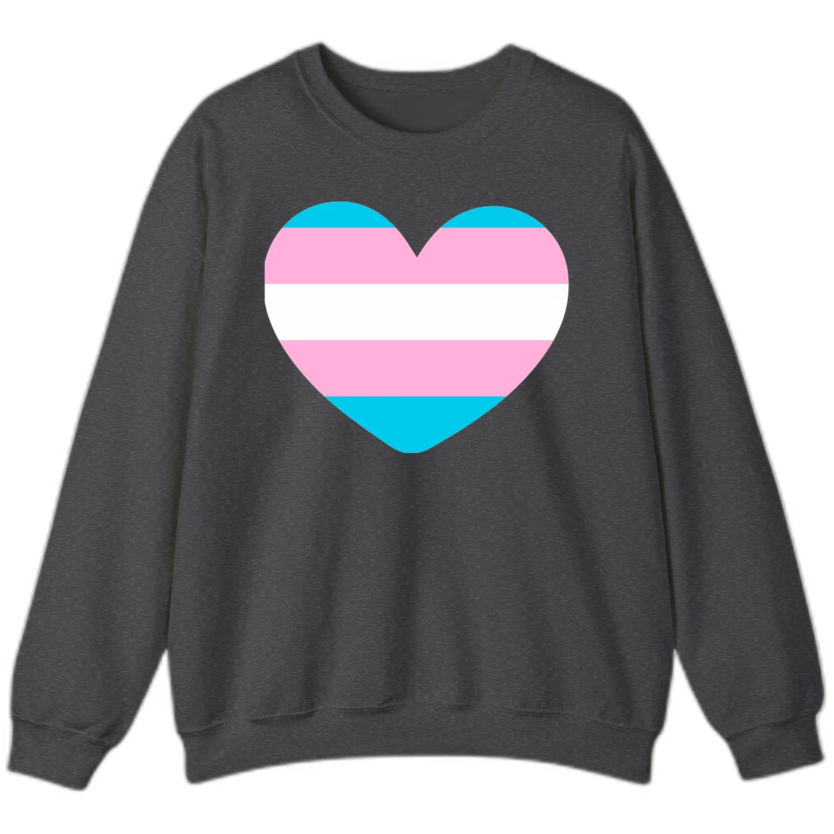 Large heart shape with horizontal stripes in cyan, pink, and white representing the transgender pride flag in Dark Heather