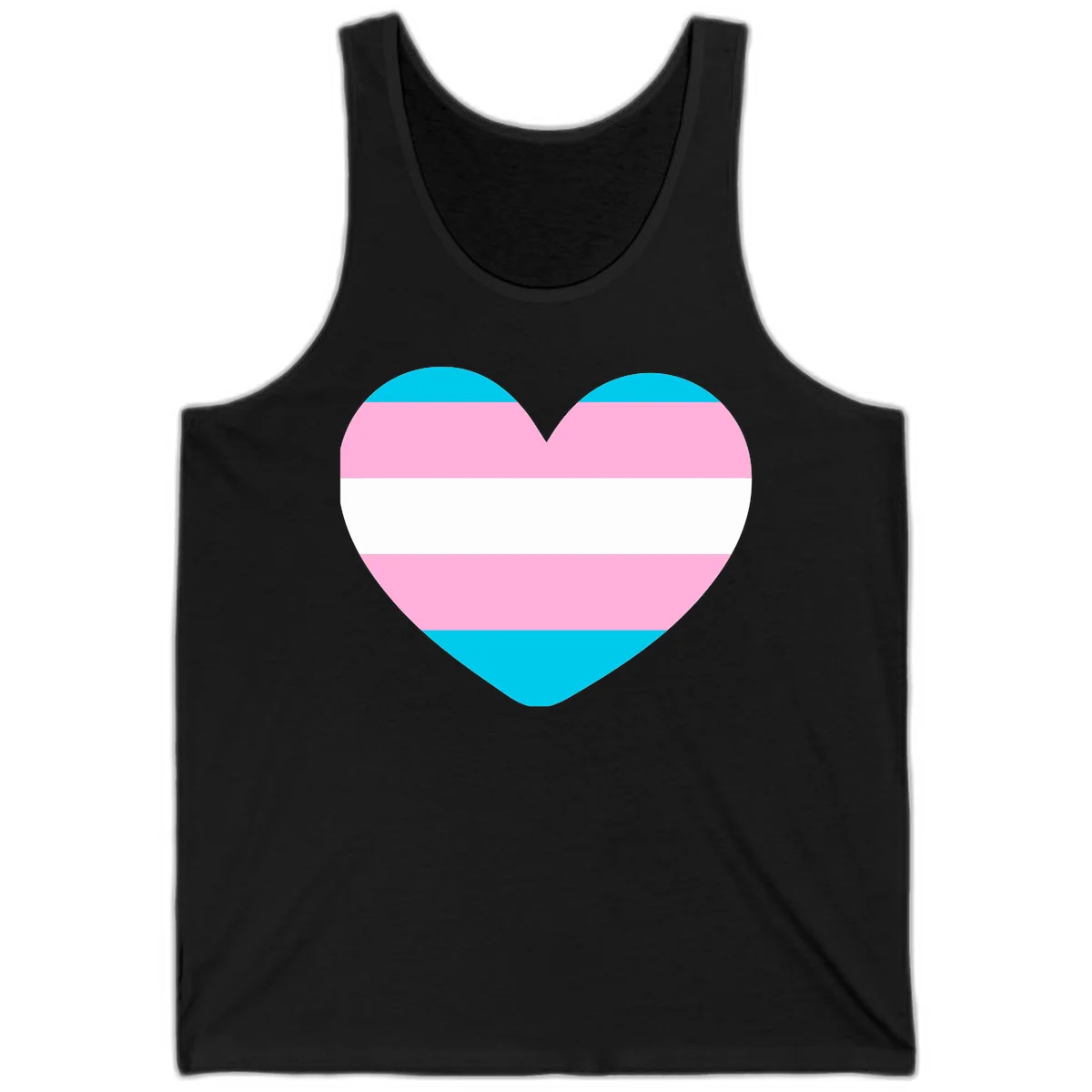 Large heart shape with horizontal stripes in cyan, pink, and white representing the transgender pride flag in Black