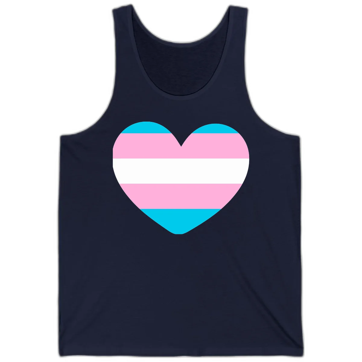 Large heart shape with horizontal stripes in cyan, pink, and white representing the transgender pride flag in Navy