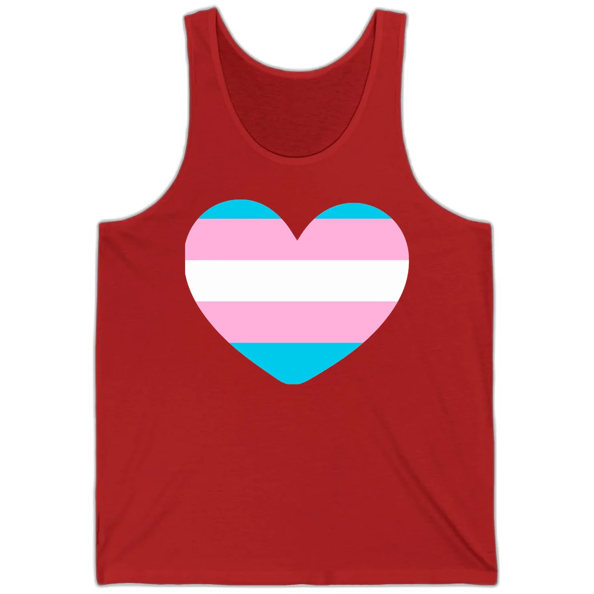 Large heart shape with horizontal stripes in cyan, pink, and white representing the transgender pride flag in Red