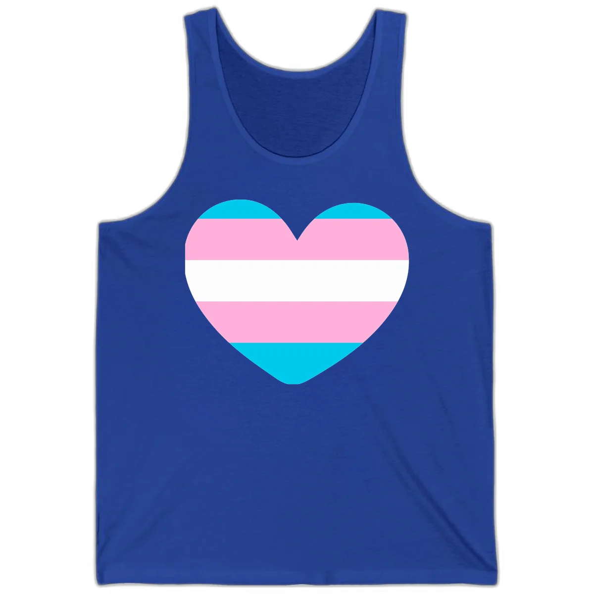 Large heart shape with horizontal stripes in cyan, pink, and white representing the transgender pride flag in True Royal