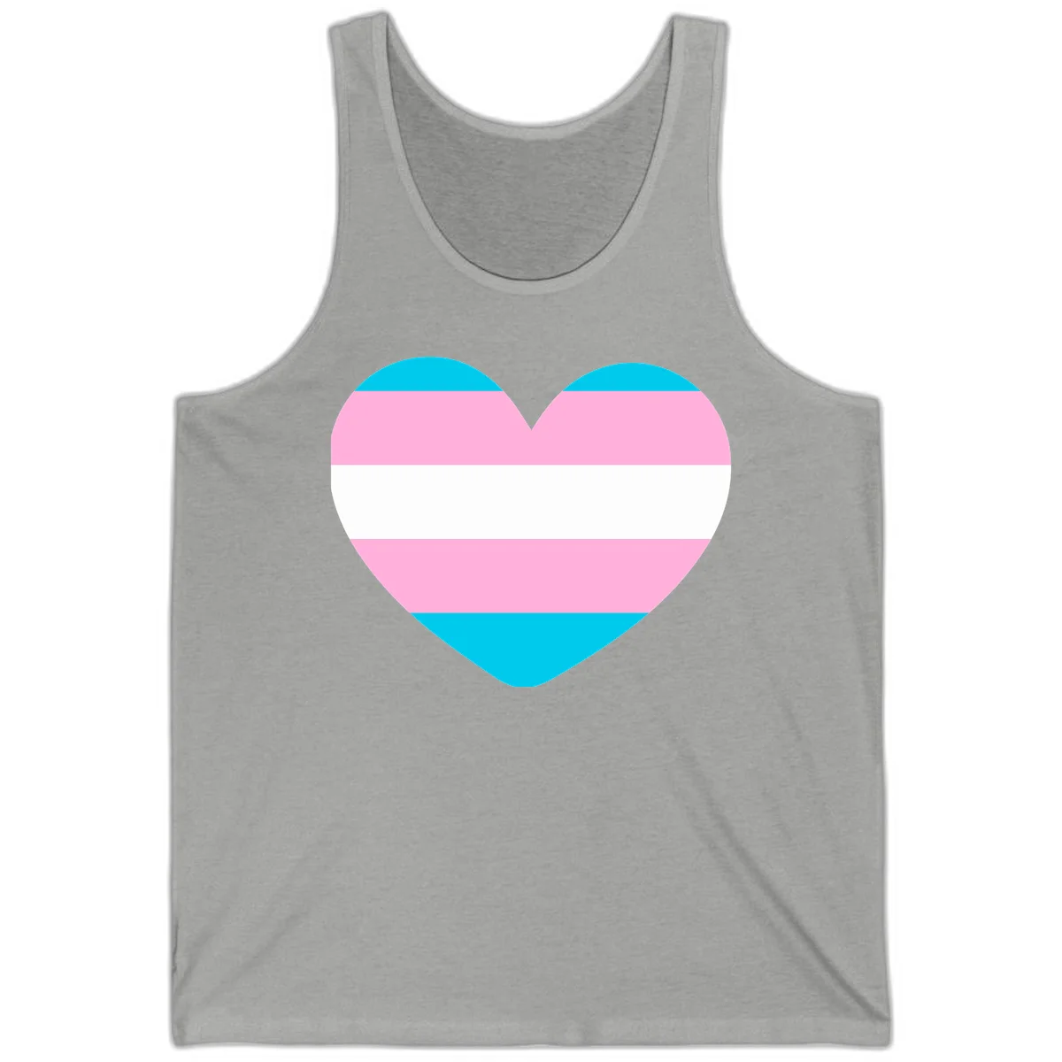 Large heart shape with horizontal stripes in cyan, pink, and white representing the transgender pride flag in Athletic Heather