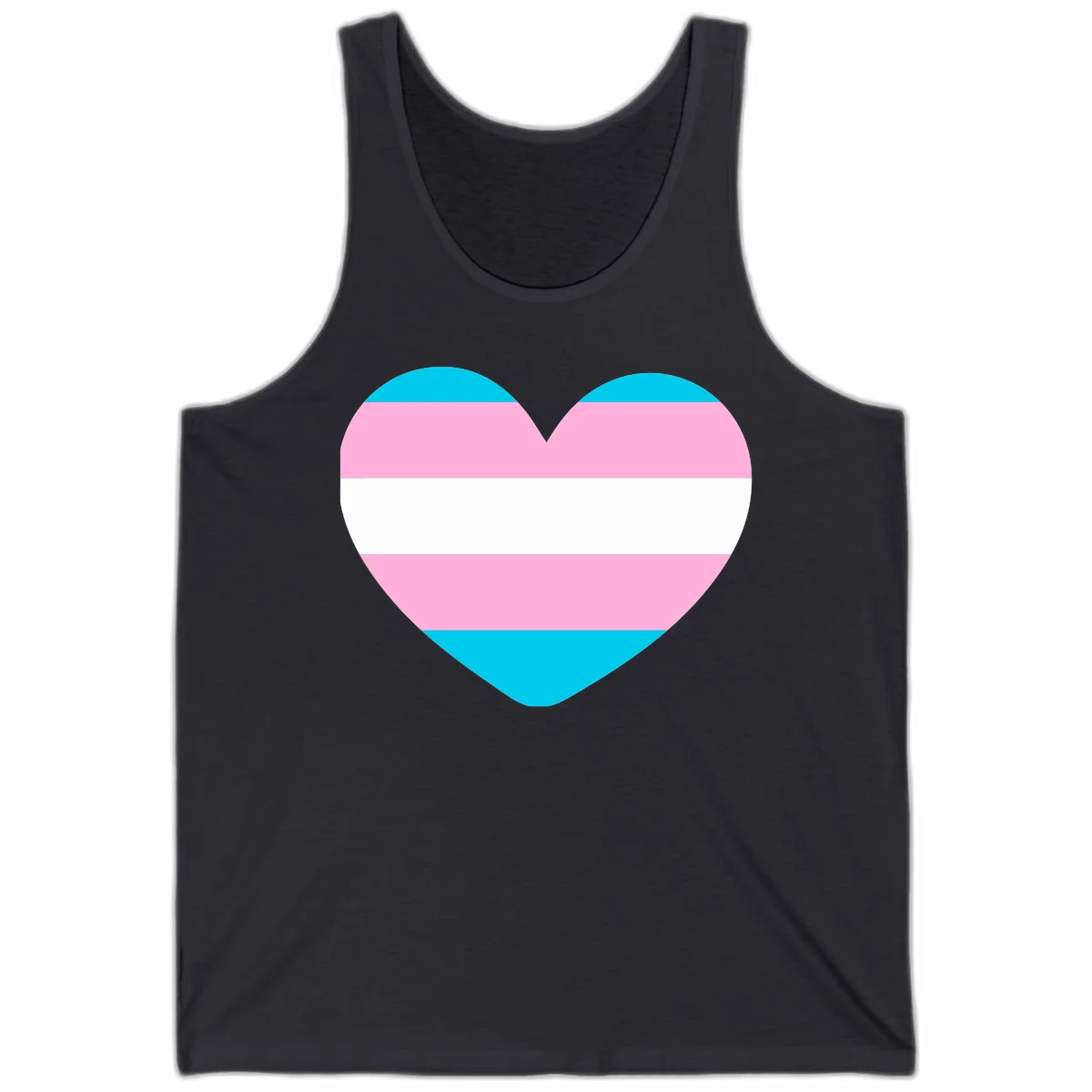 Large heart shape with horizontal stripes in cyan, pink, and white representing the transgender pride flag in Dark Grey