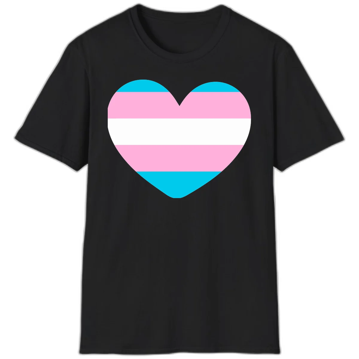 Large heart shape with horizontal stripes in cyan, pink, and white representing the transgender pride flag in Black
