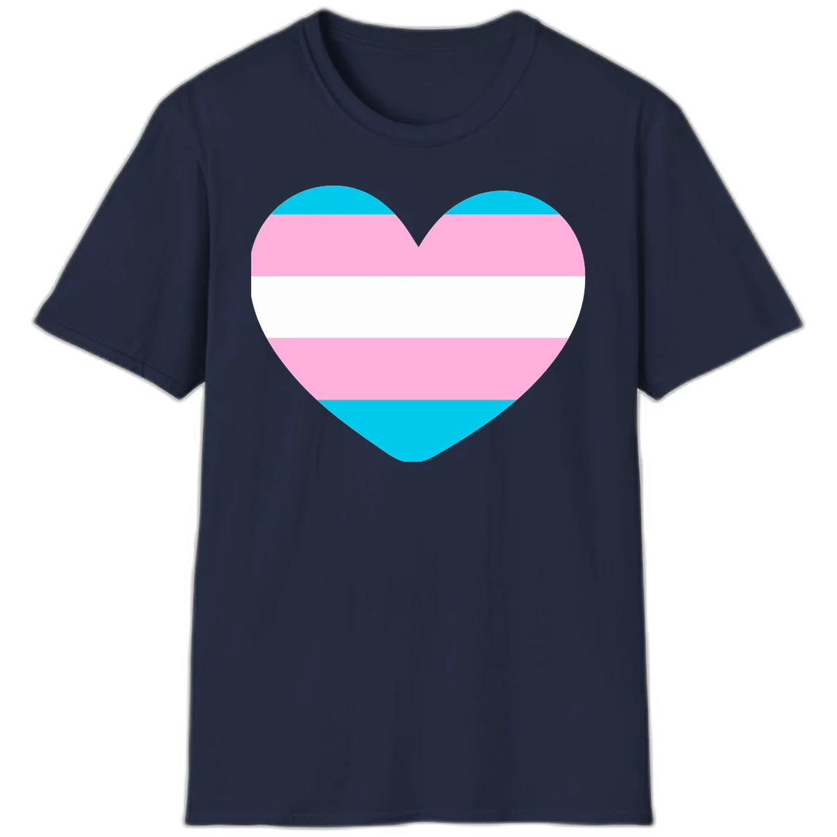 Large heart shape with horizontal stripes in cyan, pink, and white representing the transgender pride flag in Navy