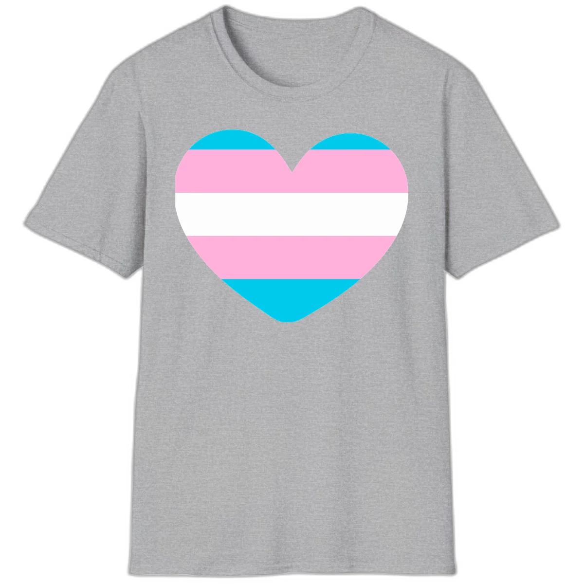Large heart shape with horizontal stripes in cyan, pink, and white representing the transgender pride flag in Sport Grey
