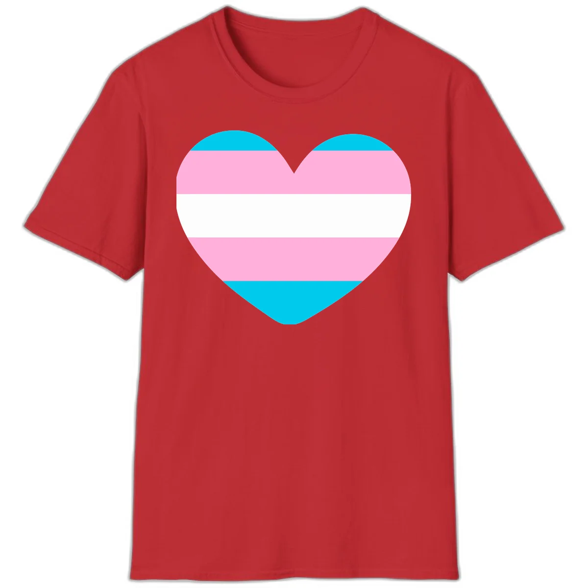 Large heart shape with horizontal stripes in cyan, pink, and white representing the transgender pride flag in Red