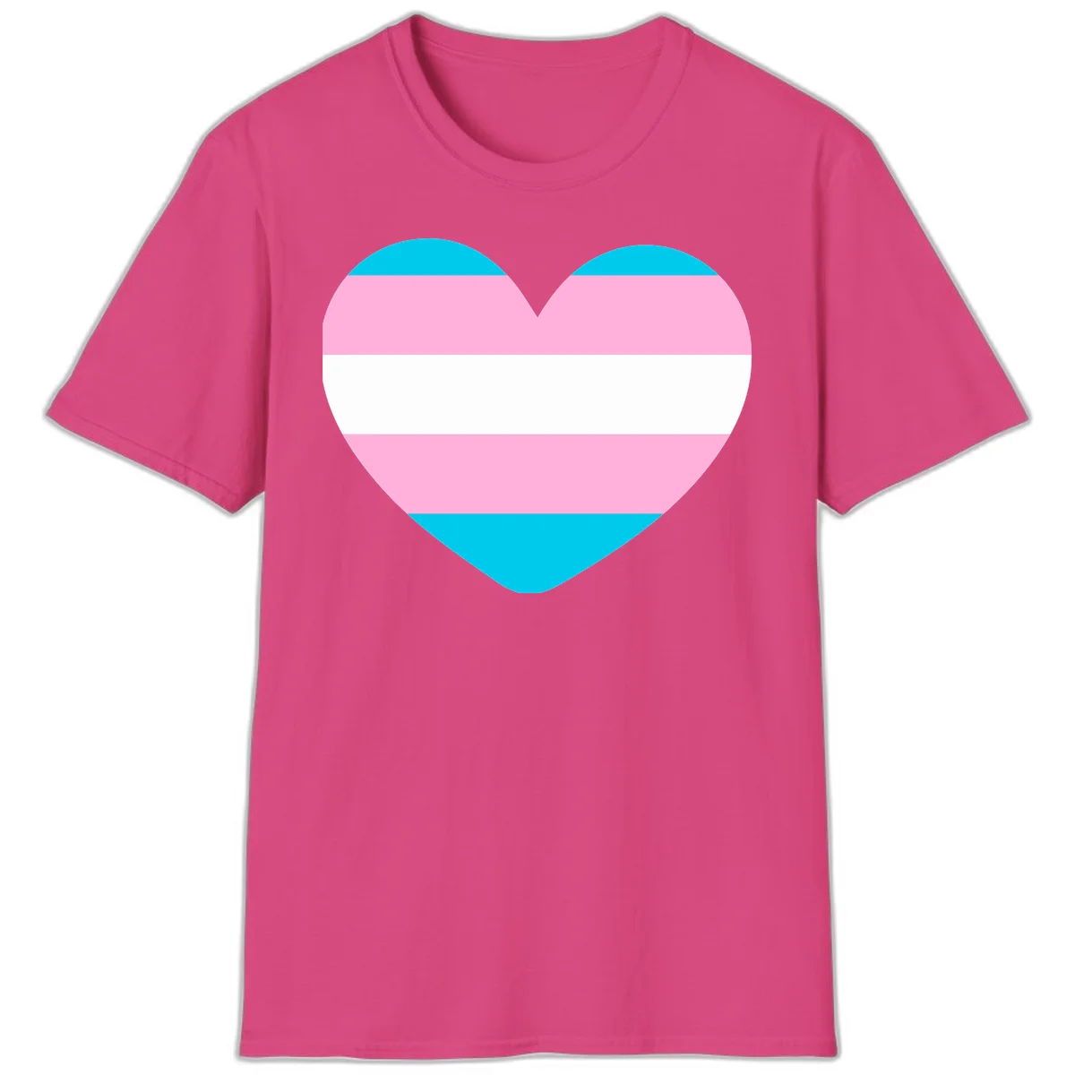 Large heart shape with horizontal stripes in cyan, pink, and white representing the transgender pride flag in Heliconia