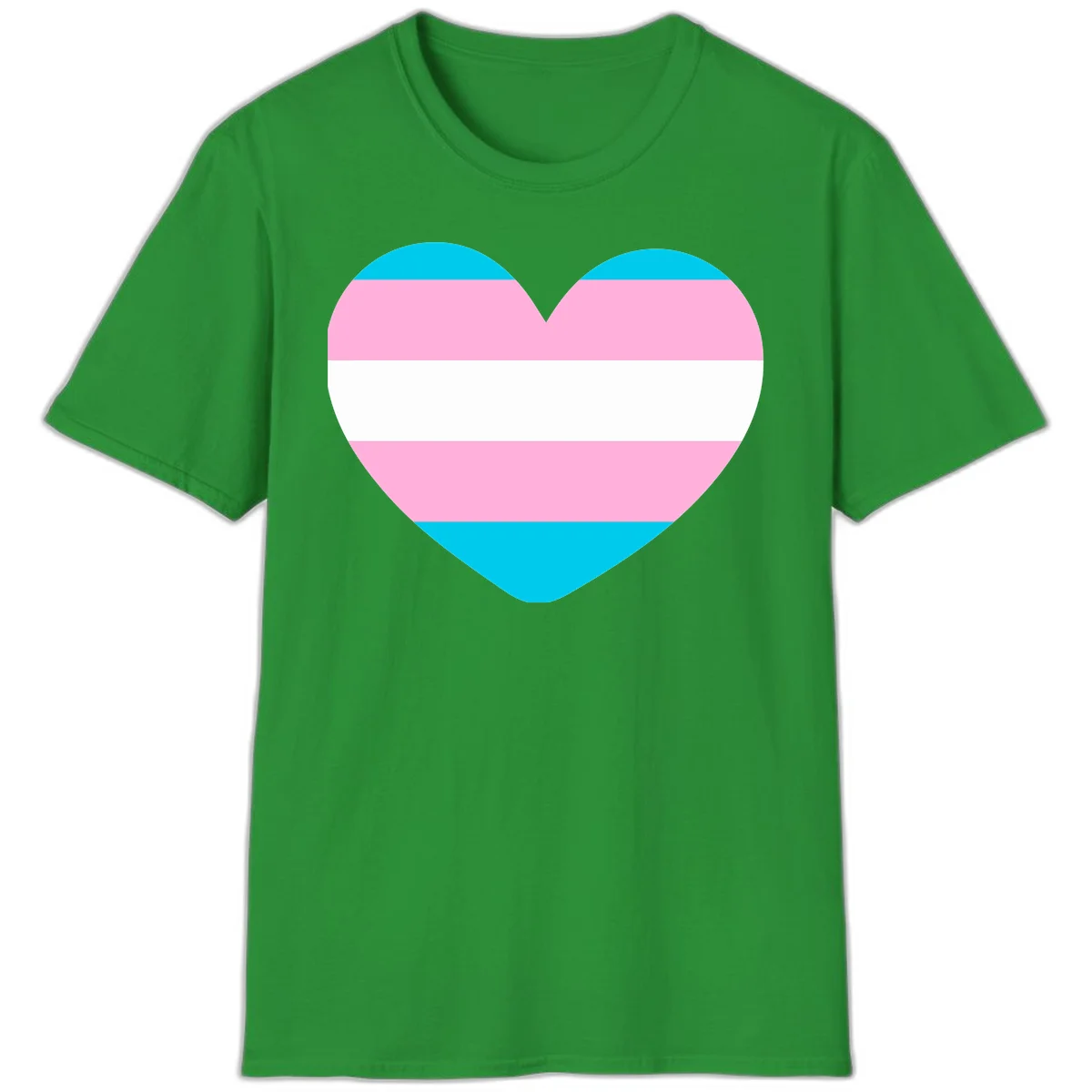 Large heart shape with horizontal stripes in cyan, pink, and white representing the transgender pride flag in Irish Green