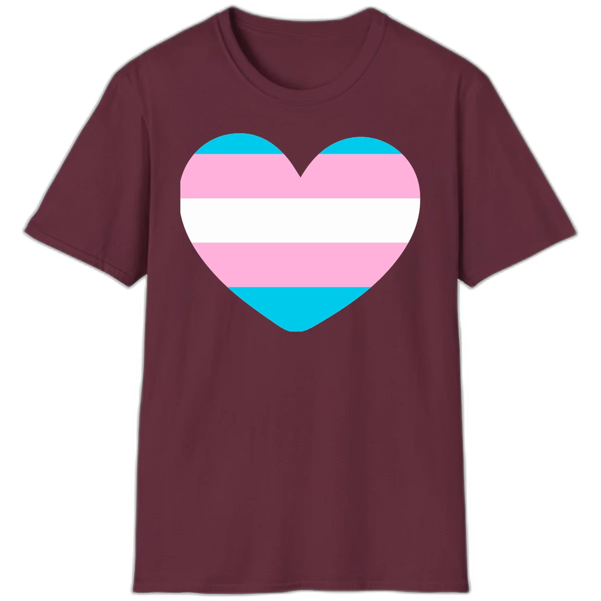 Large heart shape with horizontal stripes in cyan, pink, and white representing the transgender pride flag in Maroon