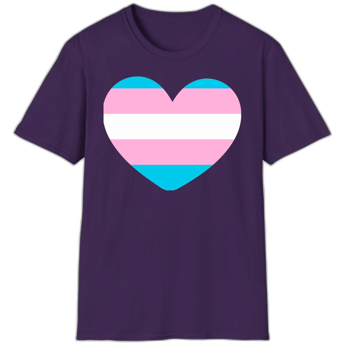 Large heart shape with horizontal stripes in cyan, pink, and white representing the transgender pride flag in Purple