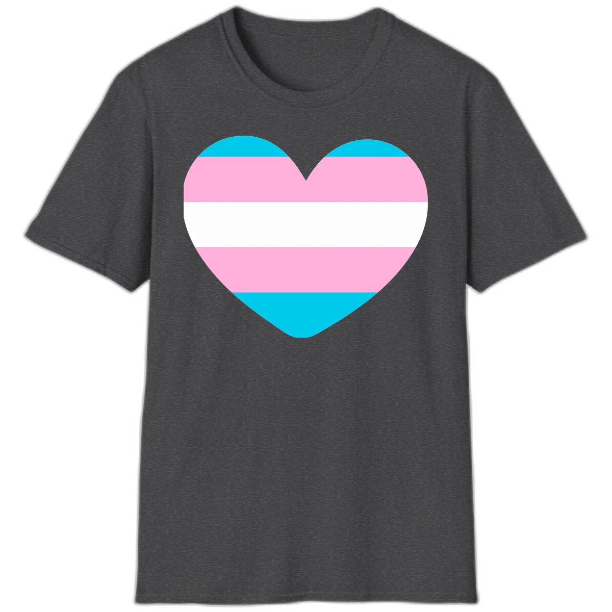 Large heart shape with horizontal stripes in cyan, pink, and white representing the transgender pride flag in Dark Heather