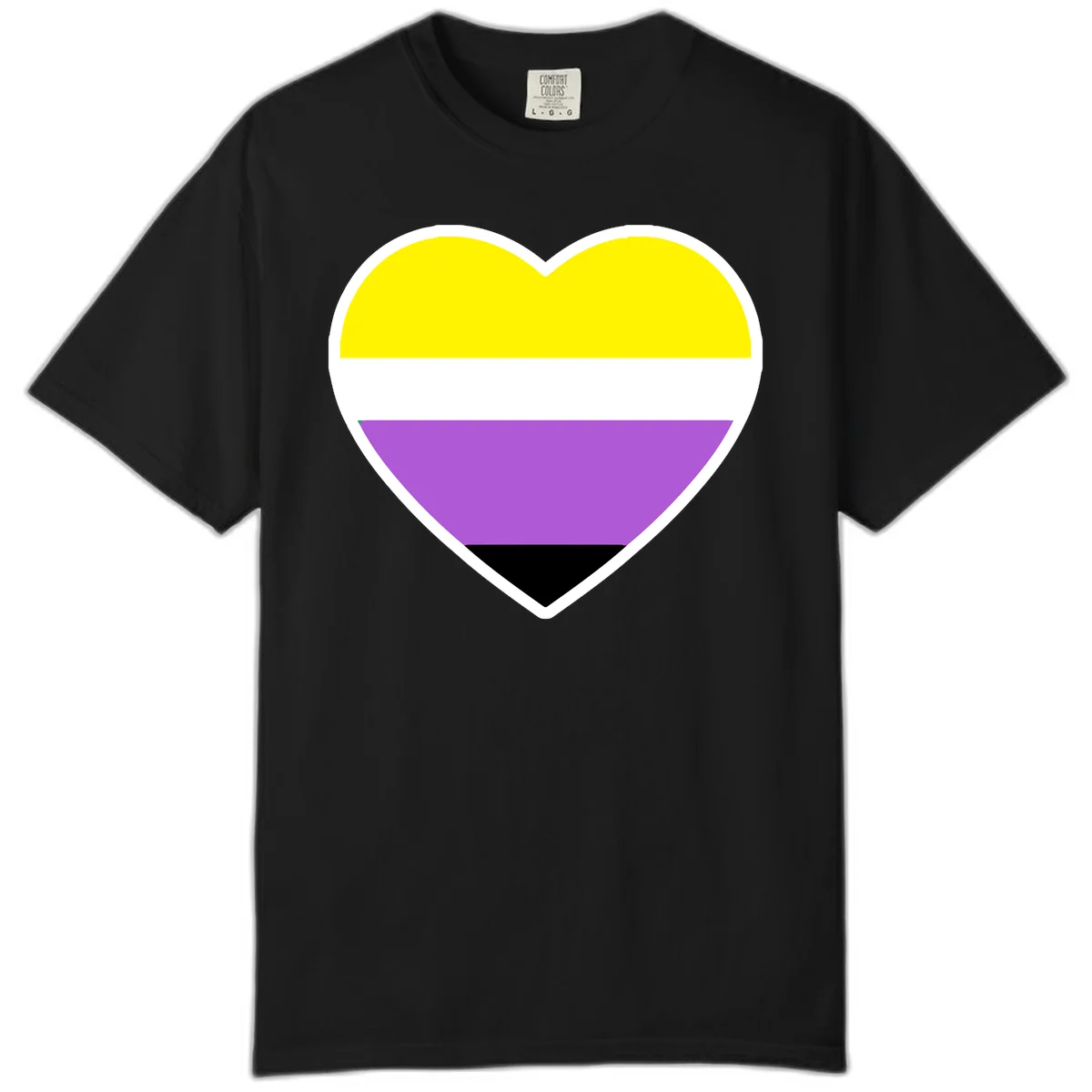 Nonbinary pride heart with yellow, white, purple, and black horizontal stripes representing nonbinary identity and LGBTQ pride. in Black