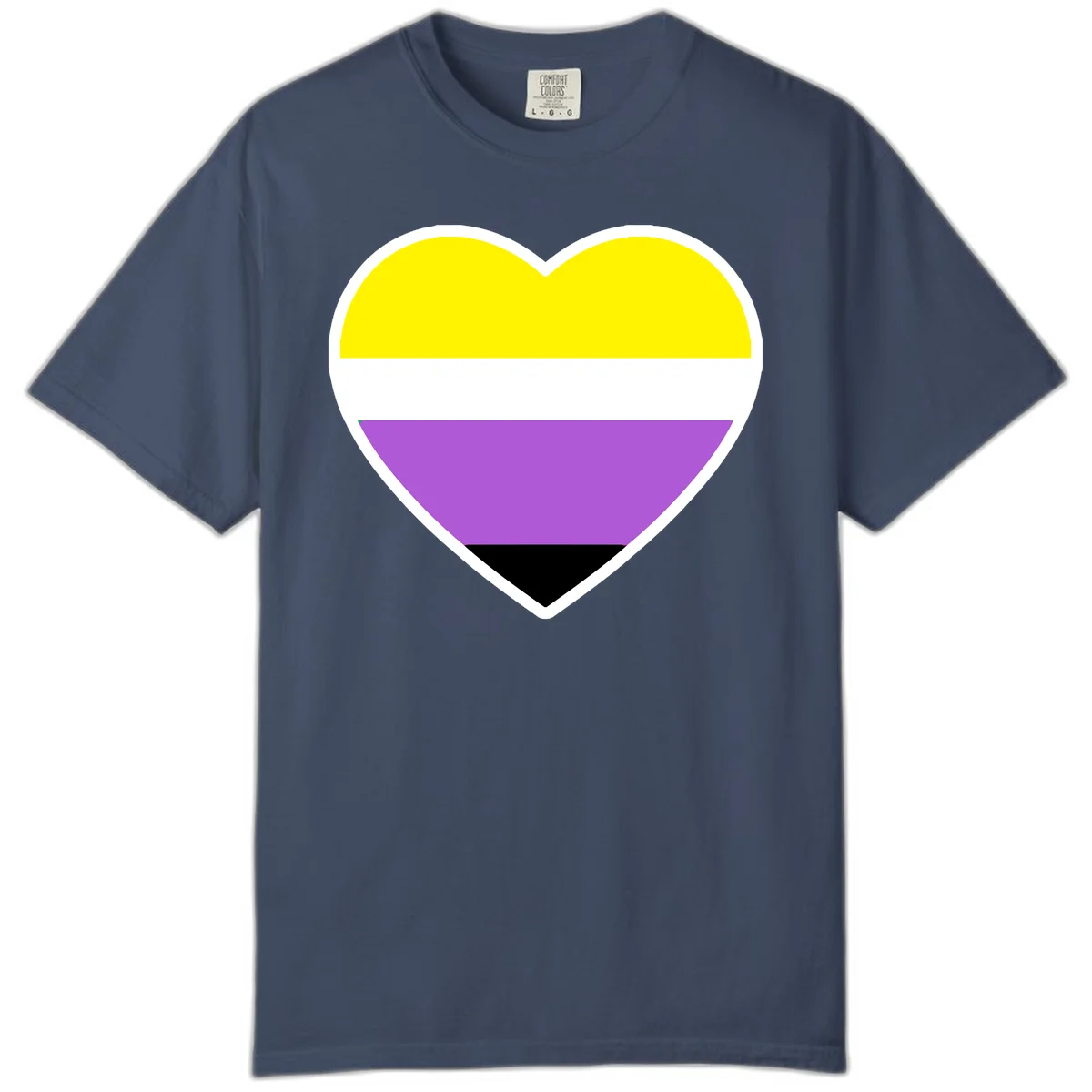 Nonbinary pride heart with yellow, white, purple, and black horizontal stripes representing nonbinary identity and LGBTQ pride. in Midnight