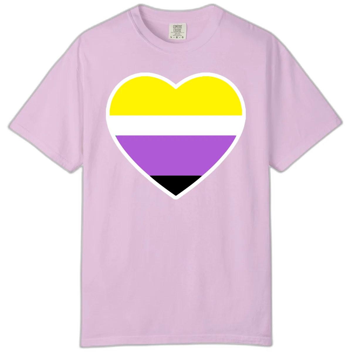 Nonbinary pride heart with yellow, white, purple, and black horizontal stripes representing nonbinary identity and LGBTQ pride. in Orchid