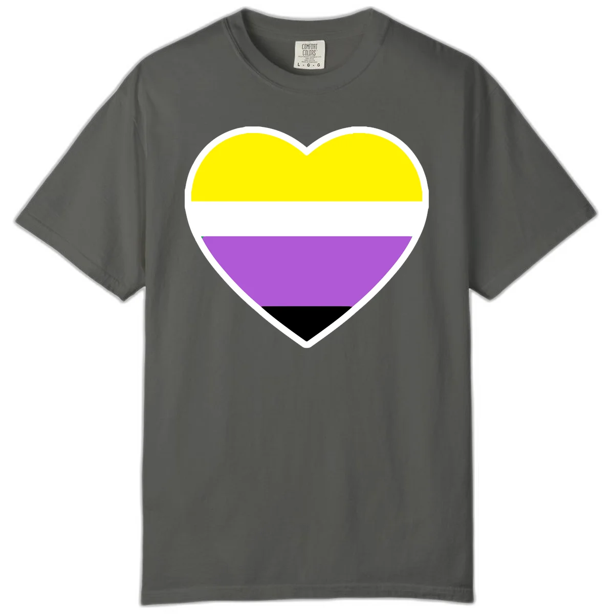 Nonbinary pride heart with yellow, white, purple, and black horizontal stripes representing nonbinary identity and LGBTQ pride. in Pepper