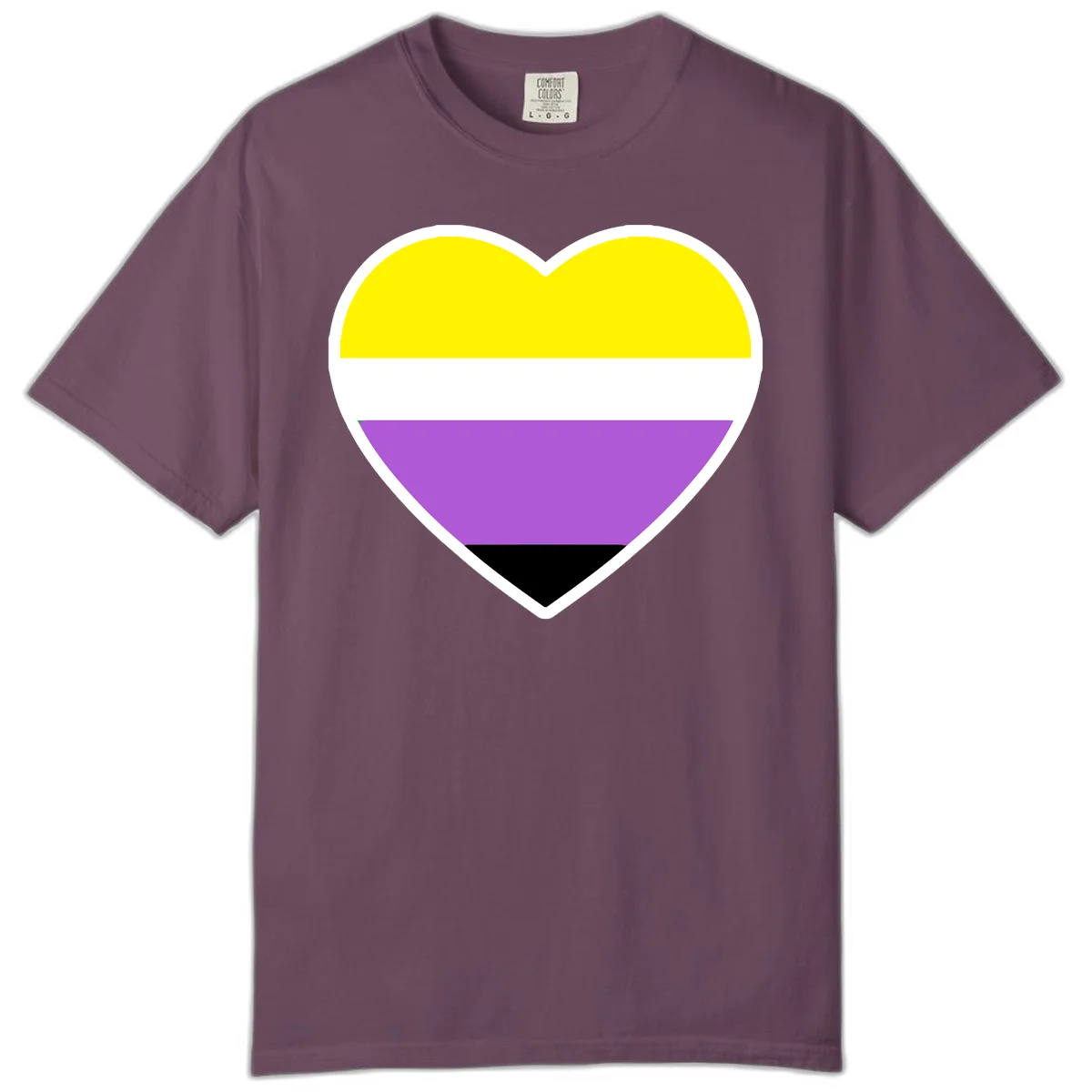 Nonbinary pride heart with yellow, white, purple, and black horizontal stripes representing nonbinary identity and LGBTQ pride. in Berry
