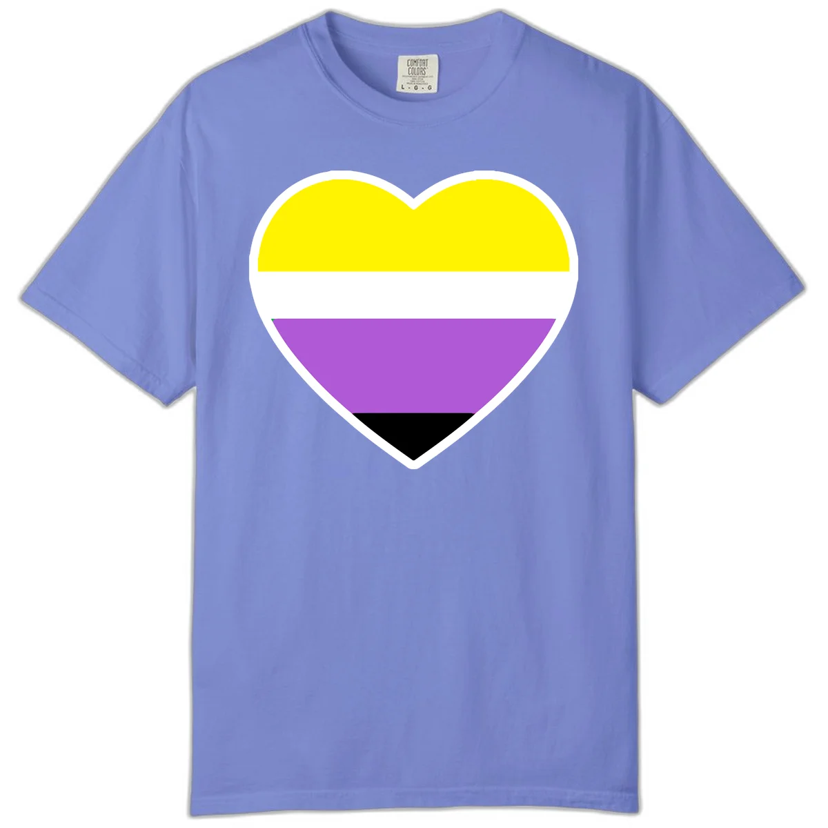 Nonbinary pride heart with yellow, white, purple, and black horizontal stripes representing nonbinary identity and LGBTQ pride. in Flo Blue