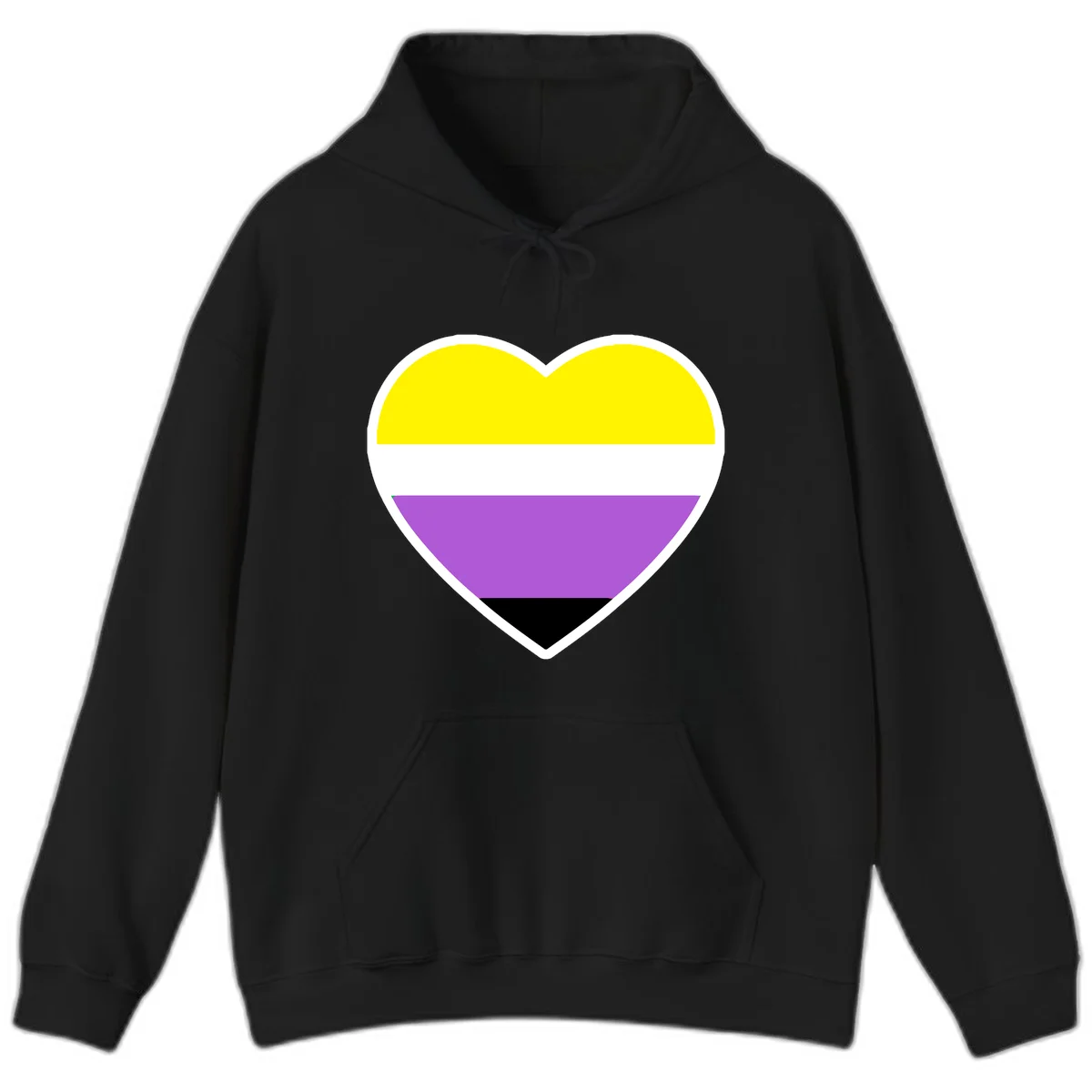 Nonbinary pride heart with yellow, white, purple, and black horizontal stripes representing nonbinary identity and LGBTQ pride. in Black