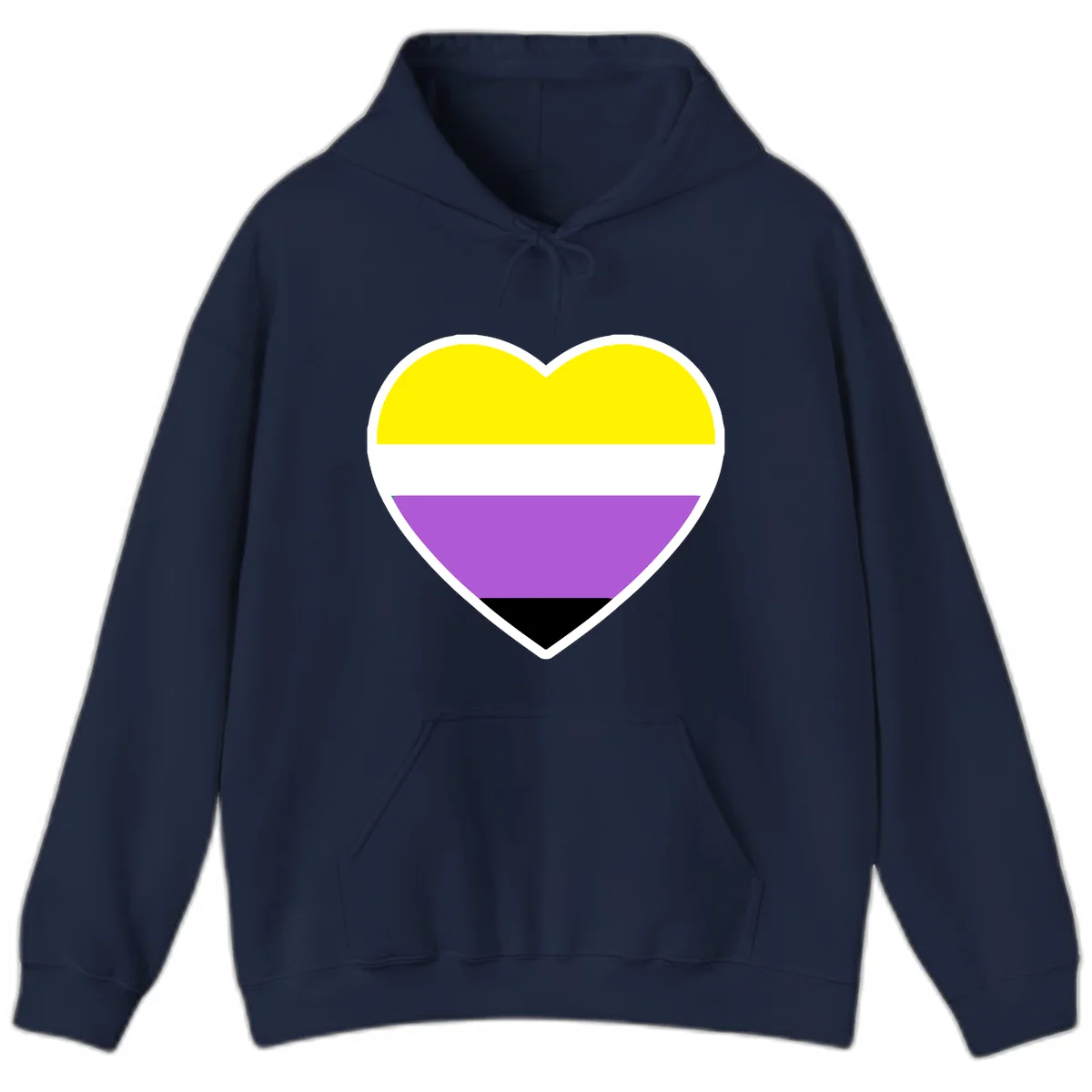 Nonbinary pride heart with yellow, white, purple, and black horizontal stripes representing nonbinary identity and LGBTQ pride. in Navy