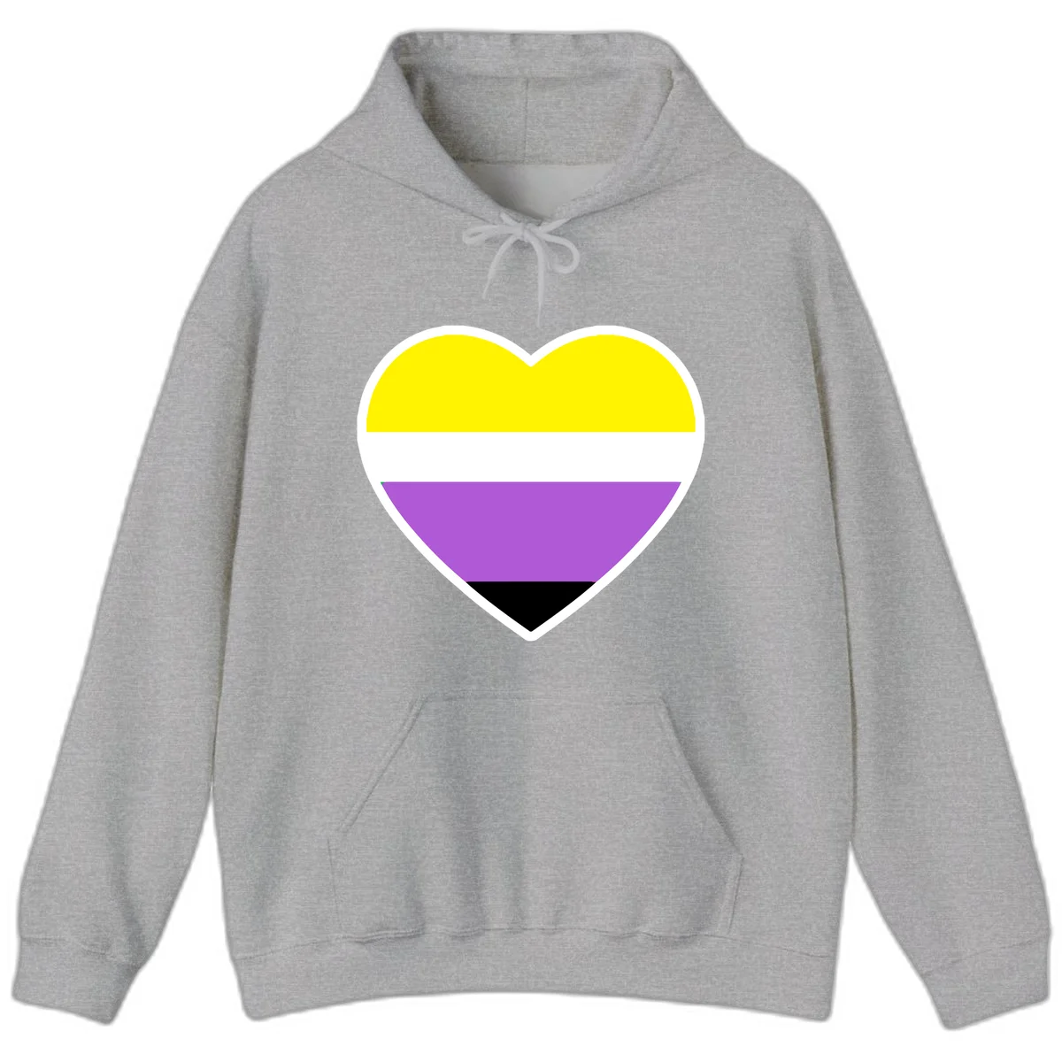 Nonbinary pride heart with yellow, white, purple, and black horizontal stripes representing nonbinary identity and LGBTQ pride. in Sport Grey