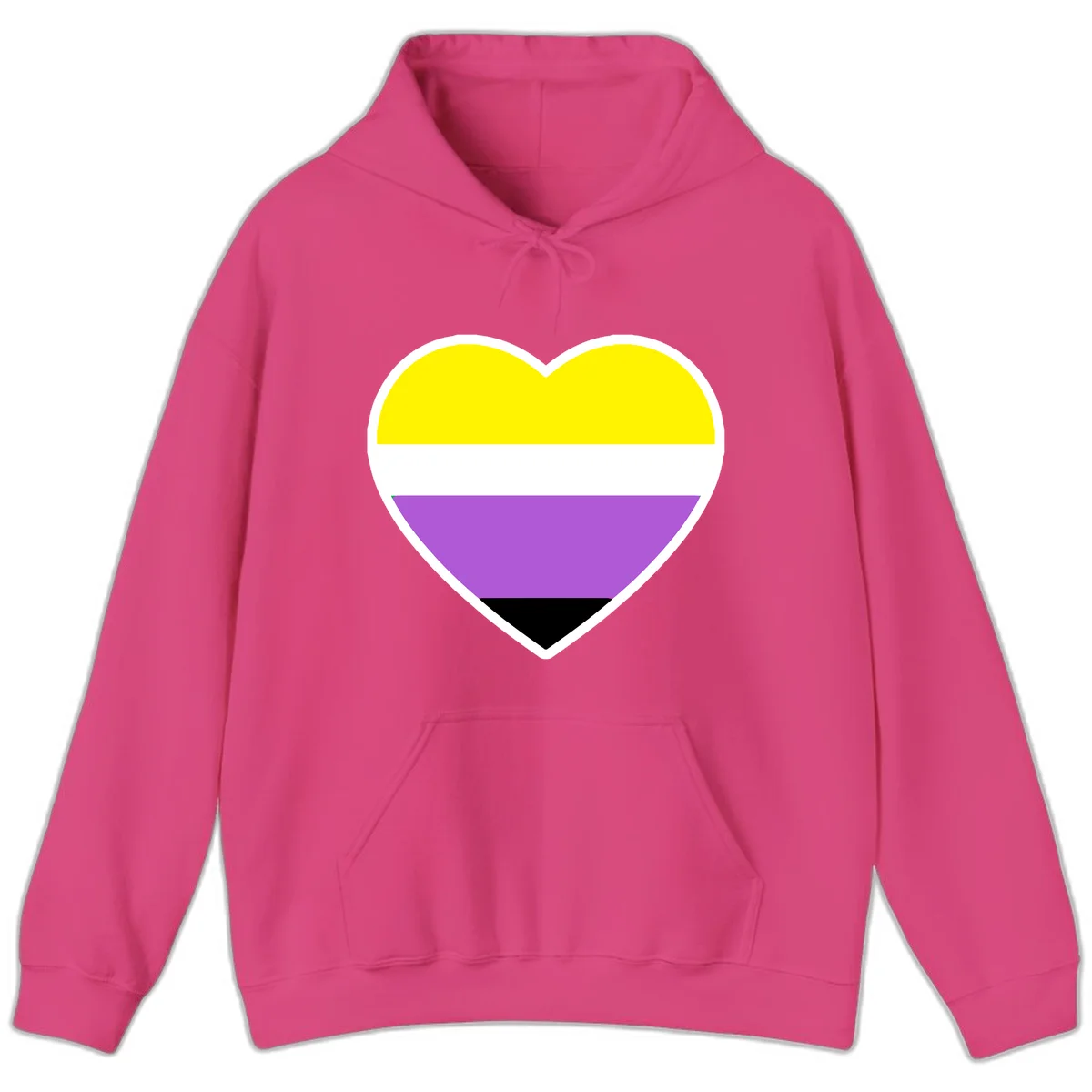 Nonbinary pride heart with yellow, white, purple, and black horizontal stripes representing nonbinary identity and LGBTQ pride. in Heliconia