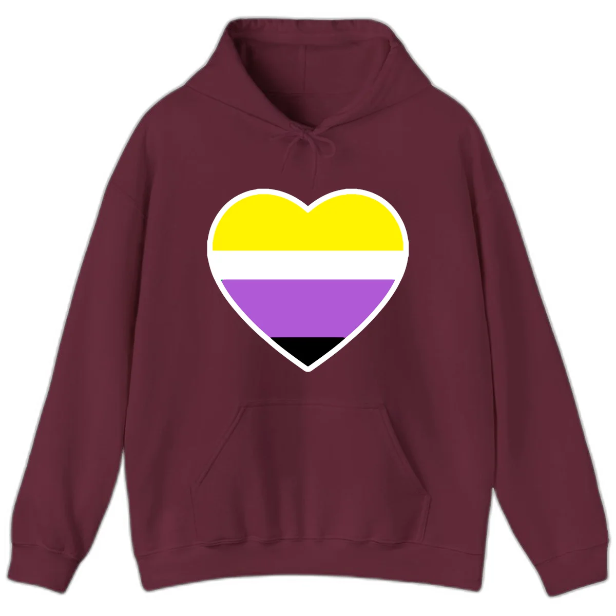 Nonbinary pride heart with yellow, white, purple, and black horizontal stripes representing nonbinary identity and LGBTQ pride. in Maroon