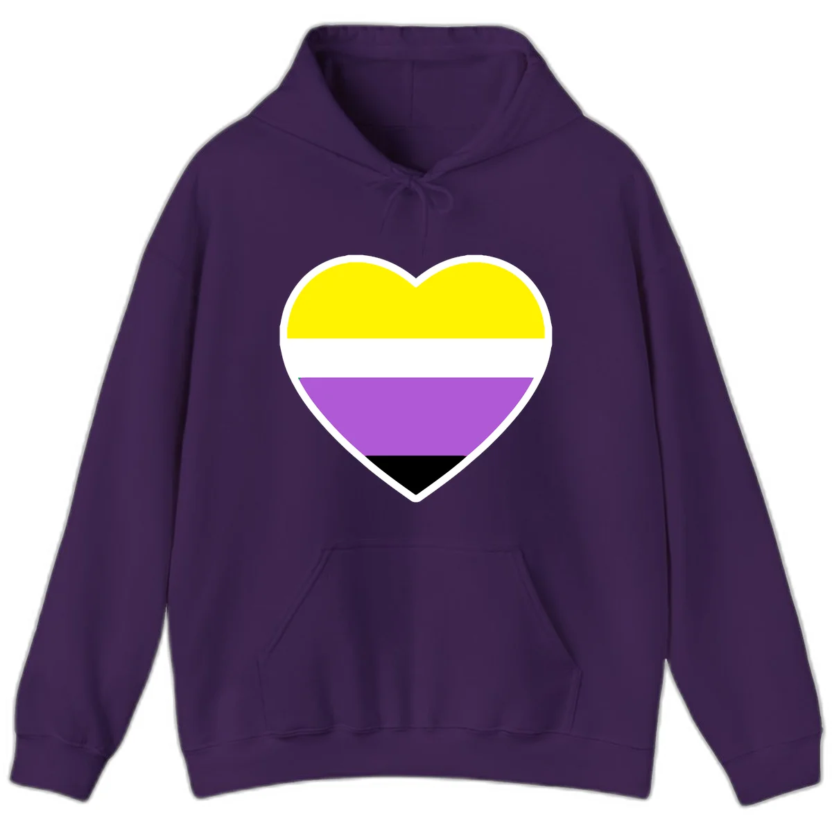 Nonbinary pride heart with yellow, white, purple, and black horizontal stripes representing nonbinary identity and LGBTQ pride. in Purple