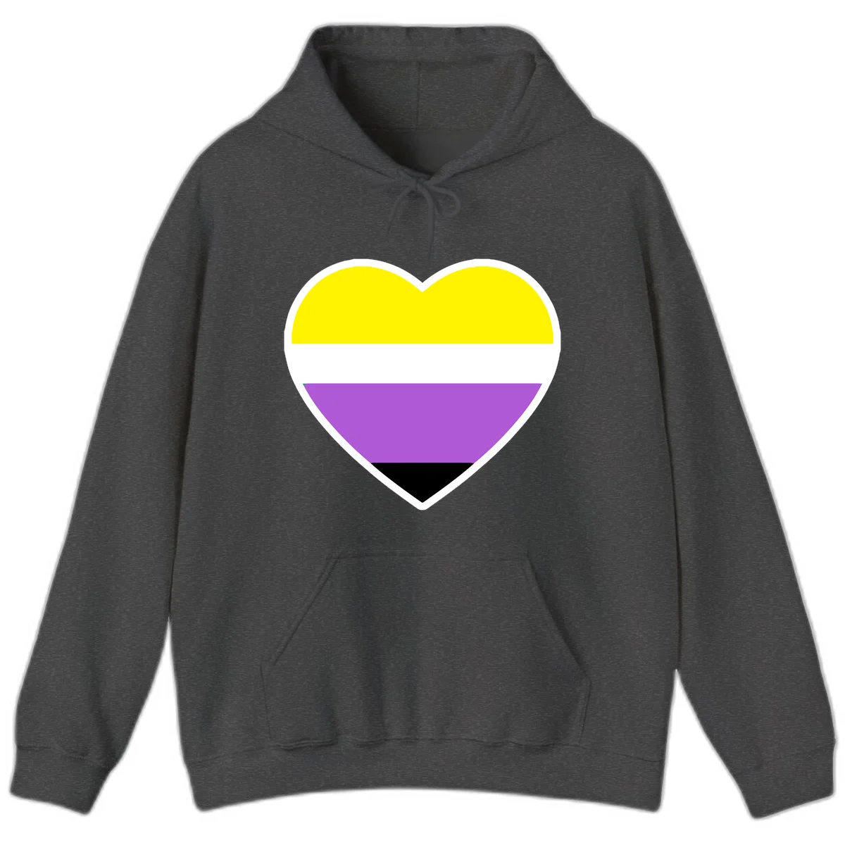 Nonbinary pride heart with yellow, white, purple, and black horizontal stripes representing nonbinary identity and LGBTQ pride. in Dark Heather