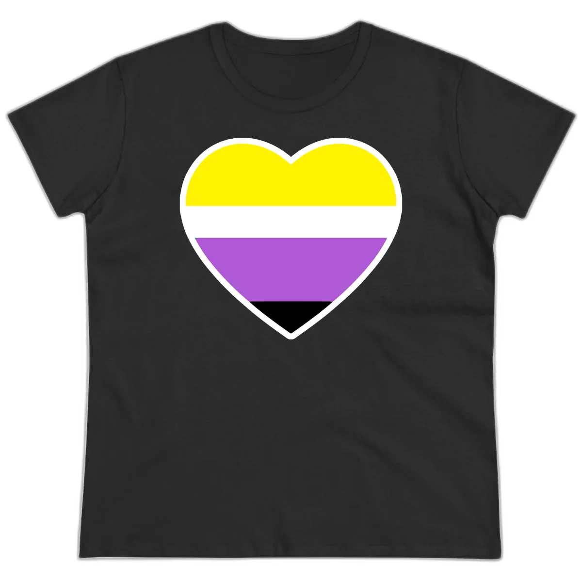 Nonbinary pride heart with yellow, white, purple, and black horizontal stripes representing nonbinary identity and LGBTQ pride. in Black