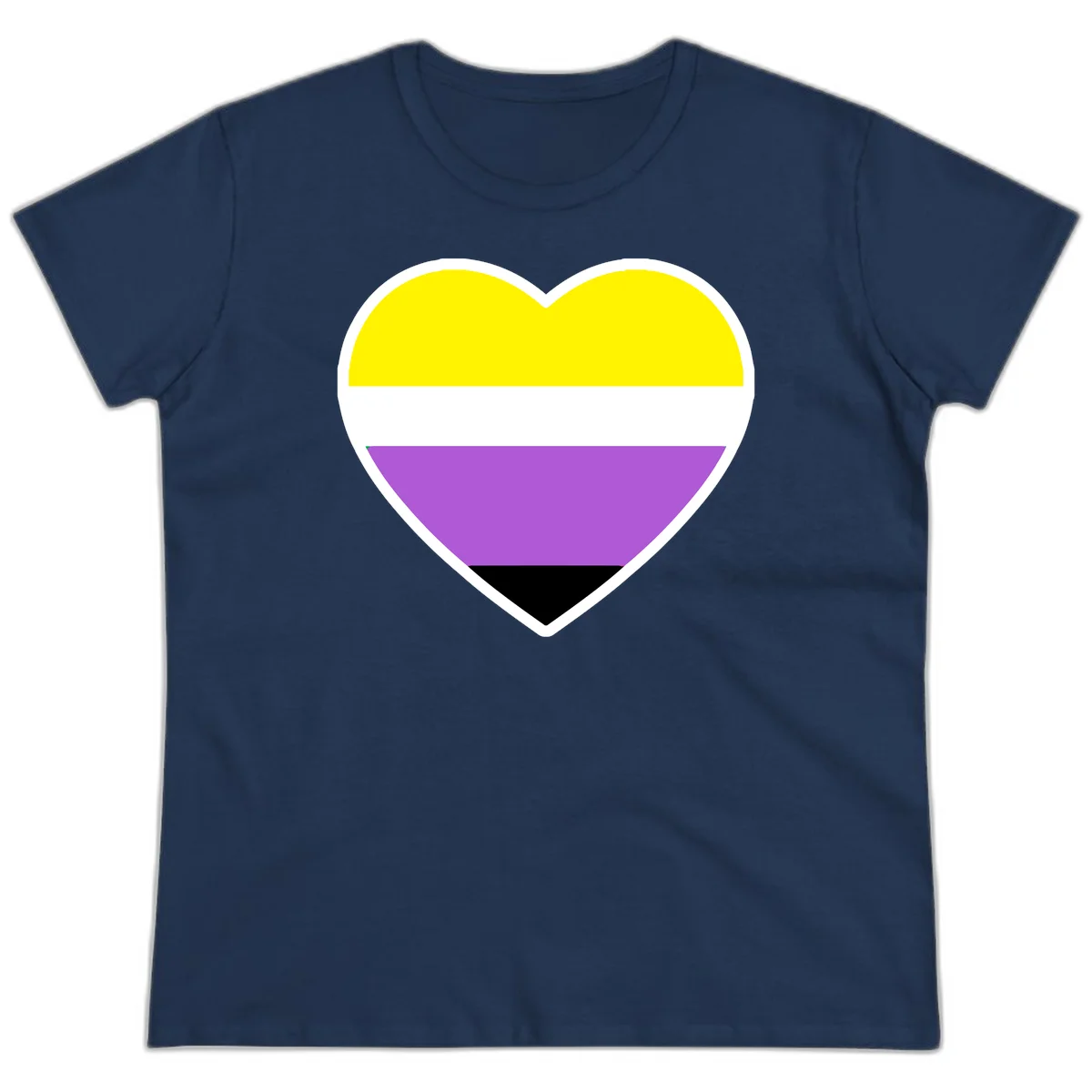 Nonbinary pride heart with yellow, white, purple, and black horizontal stripes representing nonbinary identity and LGBTQ pride. in Navy