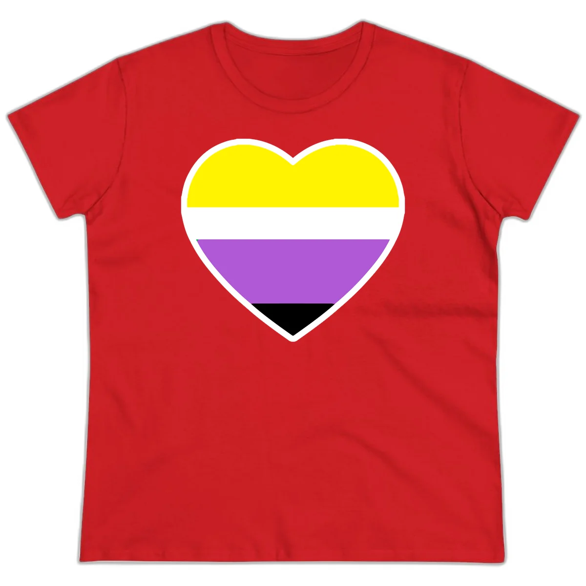 Nonbinary pride heart with yellow, white, purple, and black horizontal stripes representing nonbinary identity and LGBTQ pride. in Red